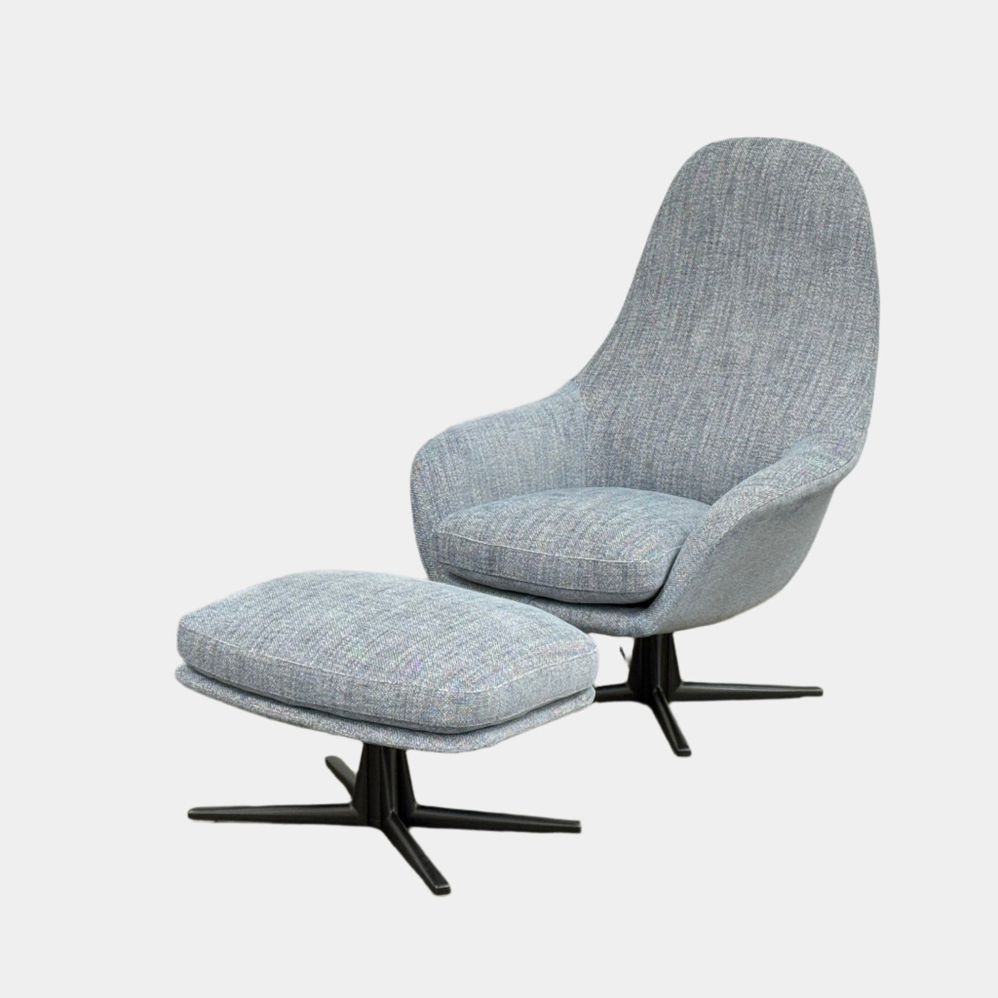 The Flexform Marlon Swivel Armchair and Ottoman, available with two covers, feature ergonomic design and black metal bases from Flexform, shown here in a modern gray finish against a plain white background.
