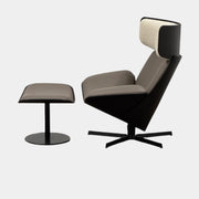 The B&B Italia Almora Chair and Ottoman in modern gray and black are swivel lounge pieces by B&B Italia, displayed on a white background.