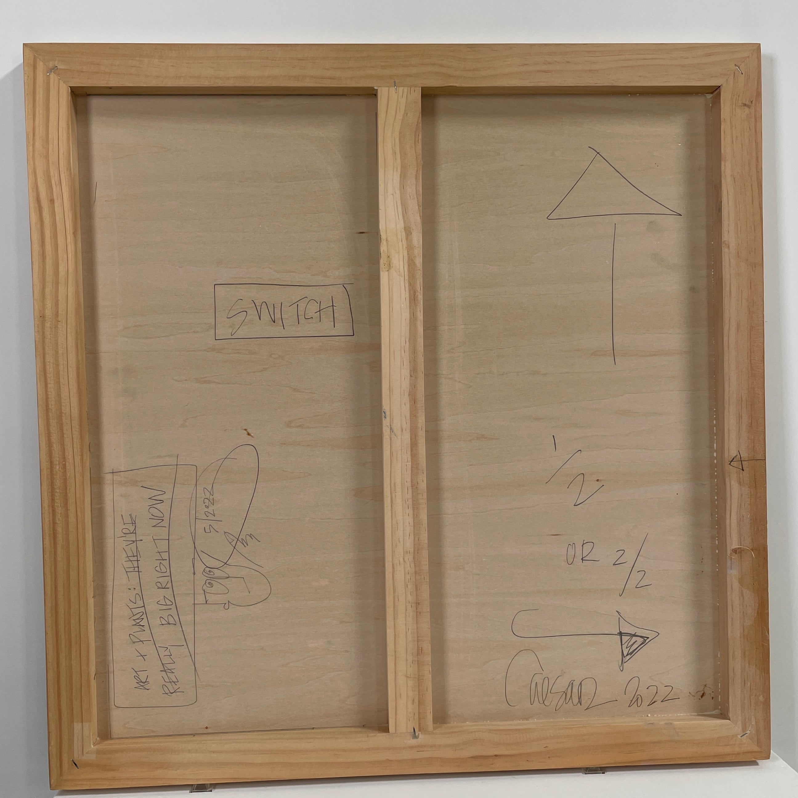 The experimental art piece "Switch" by Allison Caesar showcases vertical white lines, circular outlines, and pink patches on a wooden background.