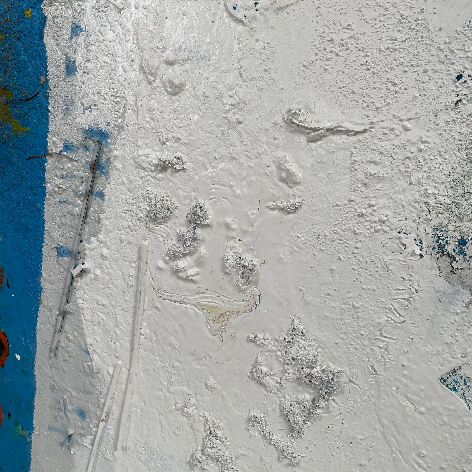 Artist's 'Painting: Variation' by Allison Caesar showcases textured layers of white, blue, with subtle yellow and green. Circular patterns on the left blend collage elements, mixing paint with relief details.