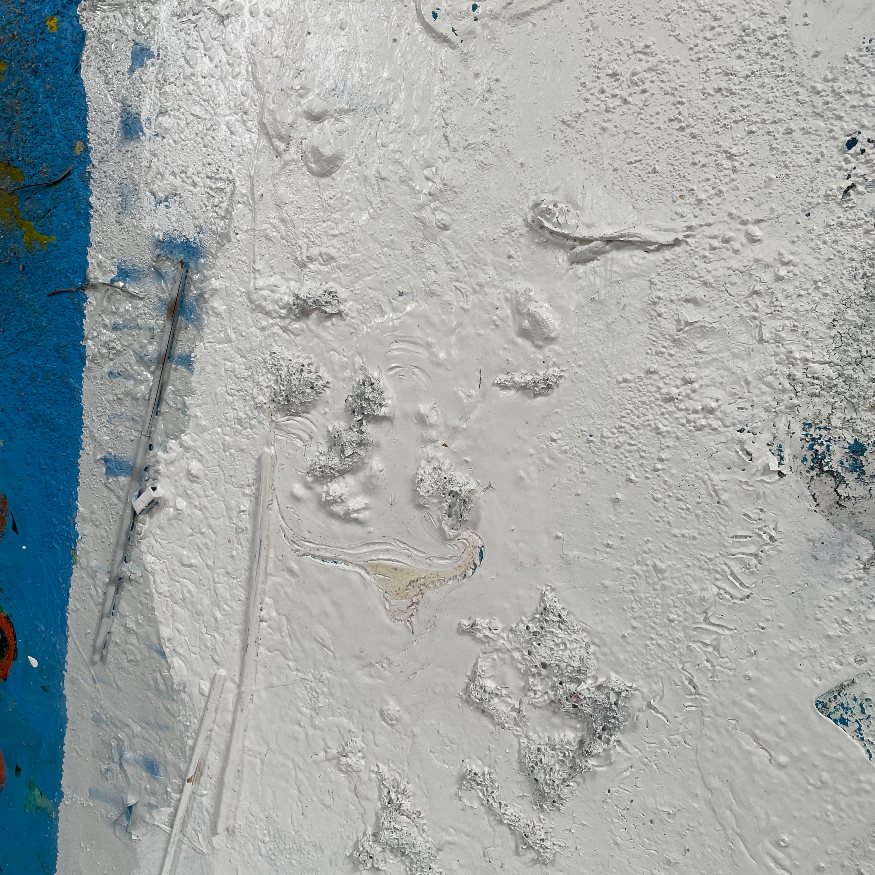 Artist's 'Painting: Variation' by Allison Caesar showcases textured layers of white, blue, with subtle yellow and green. Circular patterns on the left blend collage elements, mixing paint with relief details.