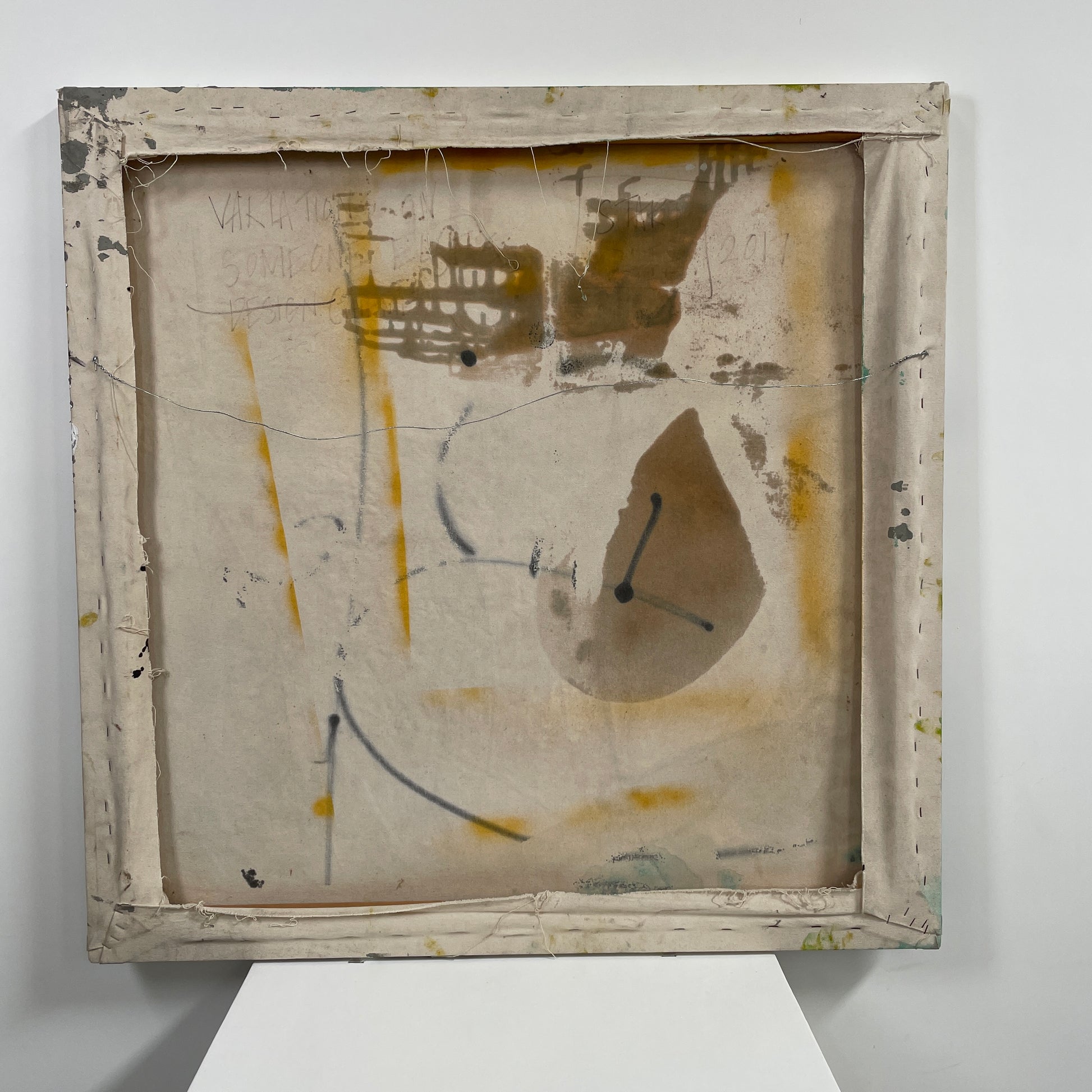 Artist's 'Painting: Variation' by Allison Caesar showcases textured layers of white, blue, with subtle yellow and green. Circular patterns on the left blend collage elements, mixing paint with relief details.