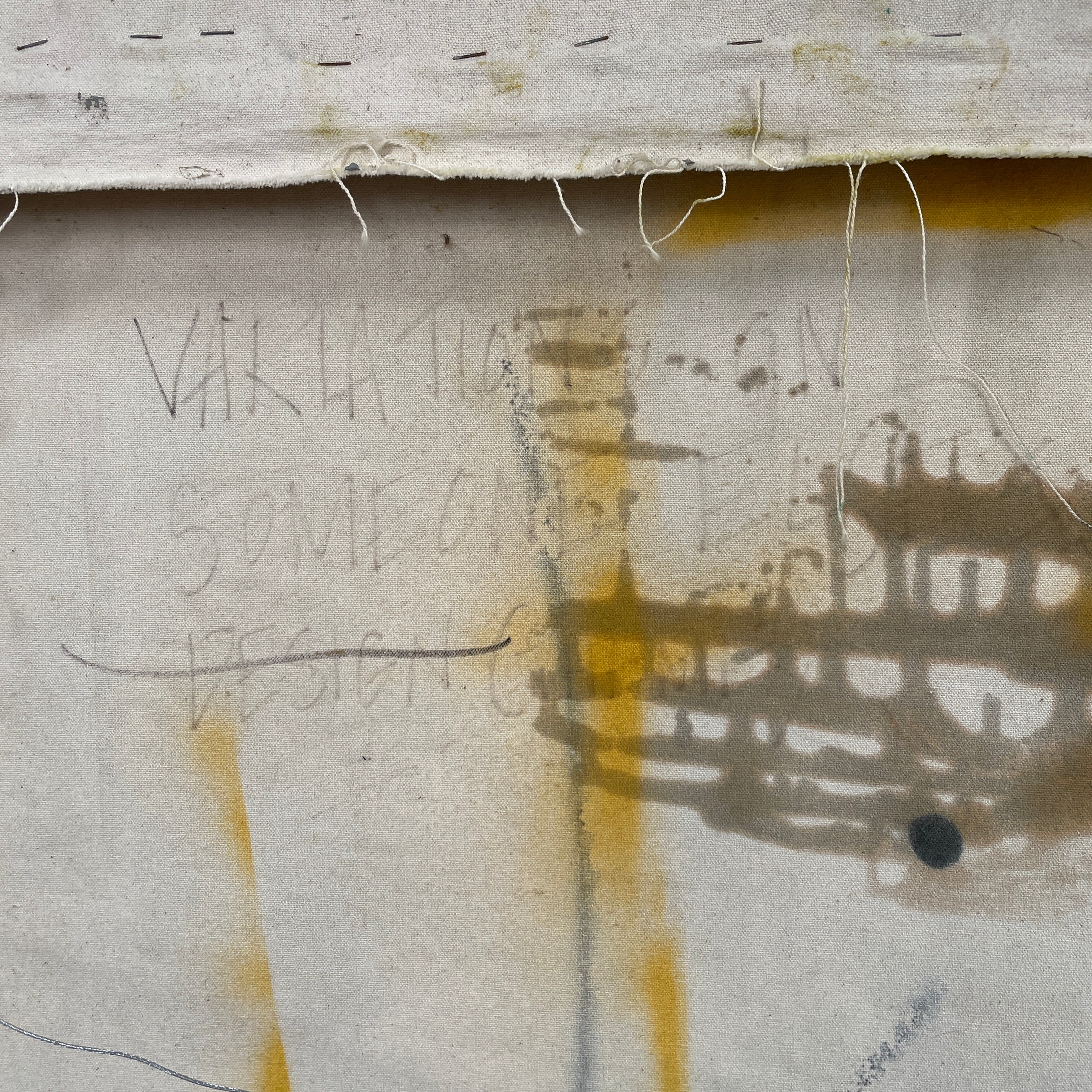 Artist's 'Painting: Variation' by Allison Caesar showcases textured layers of white, blue, with subtle yellow and green. Circular patterns on the left blend collage elements, mixing paint with relief details.