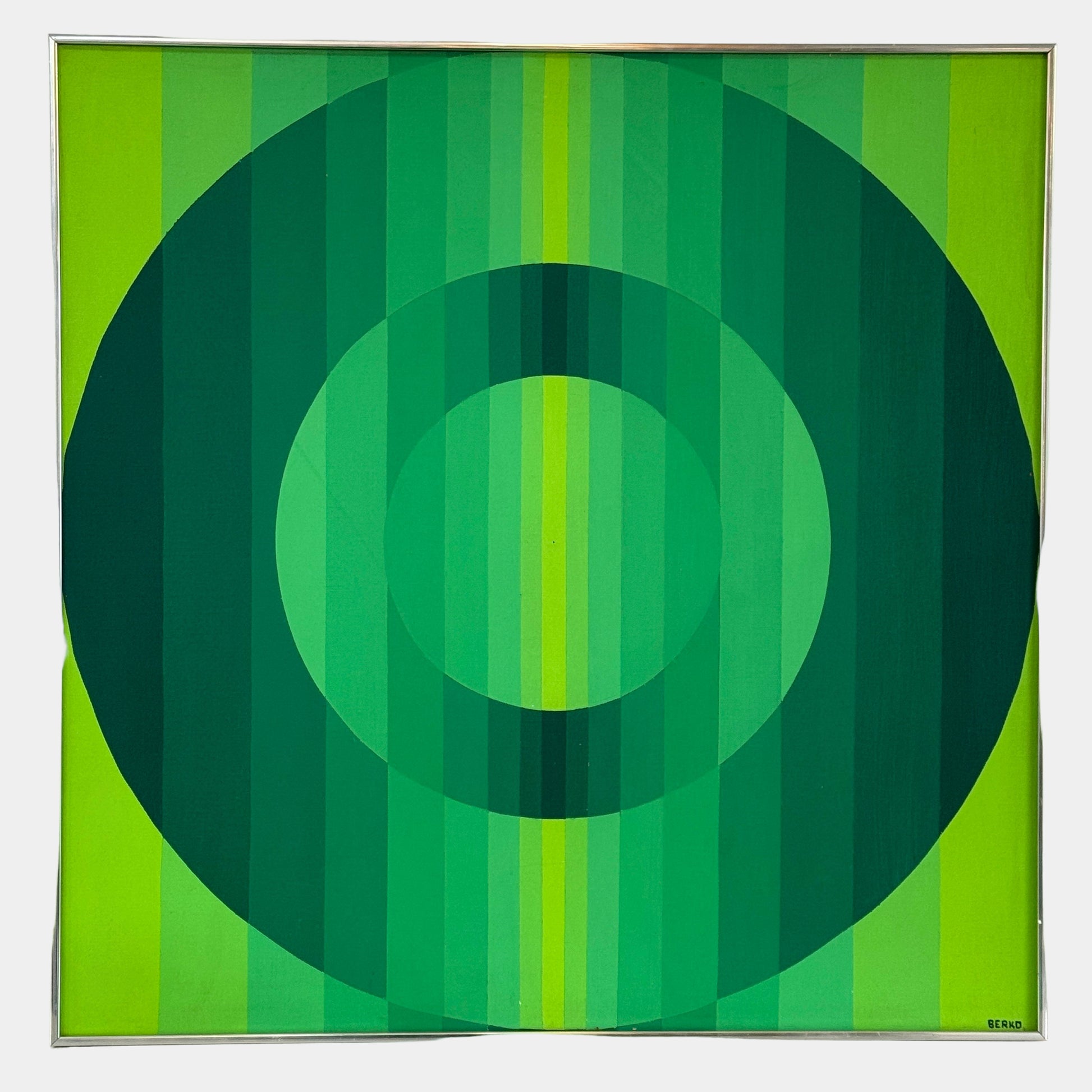 Painting: Green Target by Ralph Berko from Artist features concentric green circles over vertical green stripes, showcasing geometric hard-edge art reminiscent of a Green Target Painting.