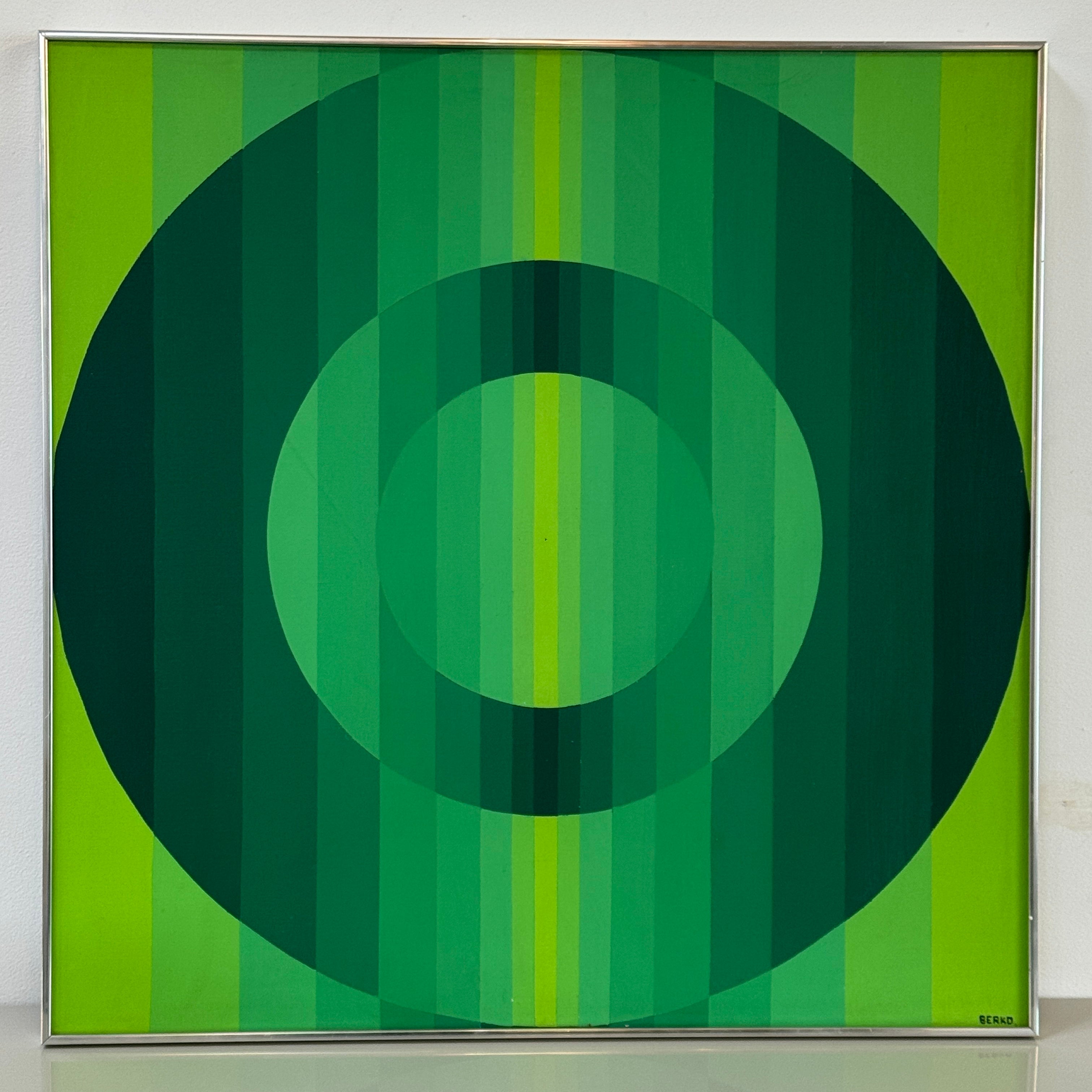 Painting: Green Target by Ralph Berko from Artist features concentric green circles over vertical green stripes, showcasing geometric hard-edge art reminiscent of a Green Target Painting.