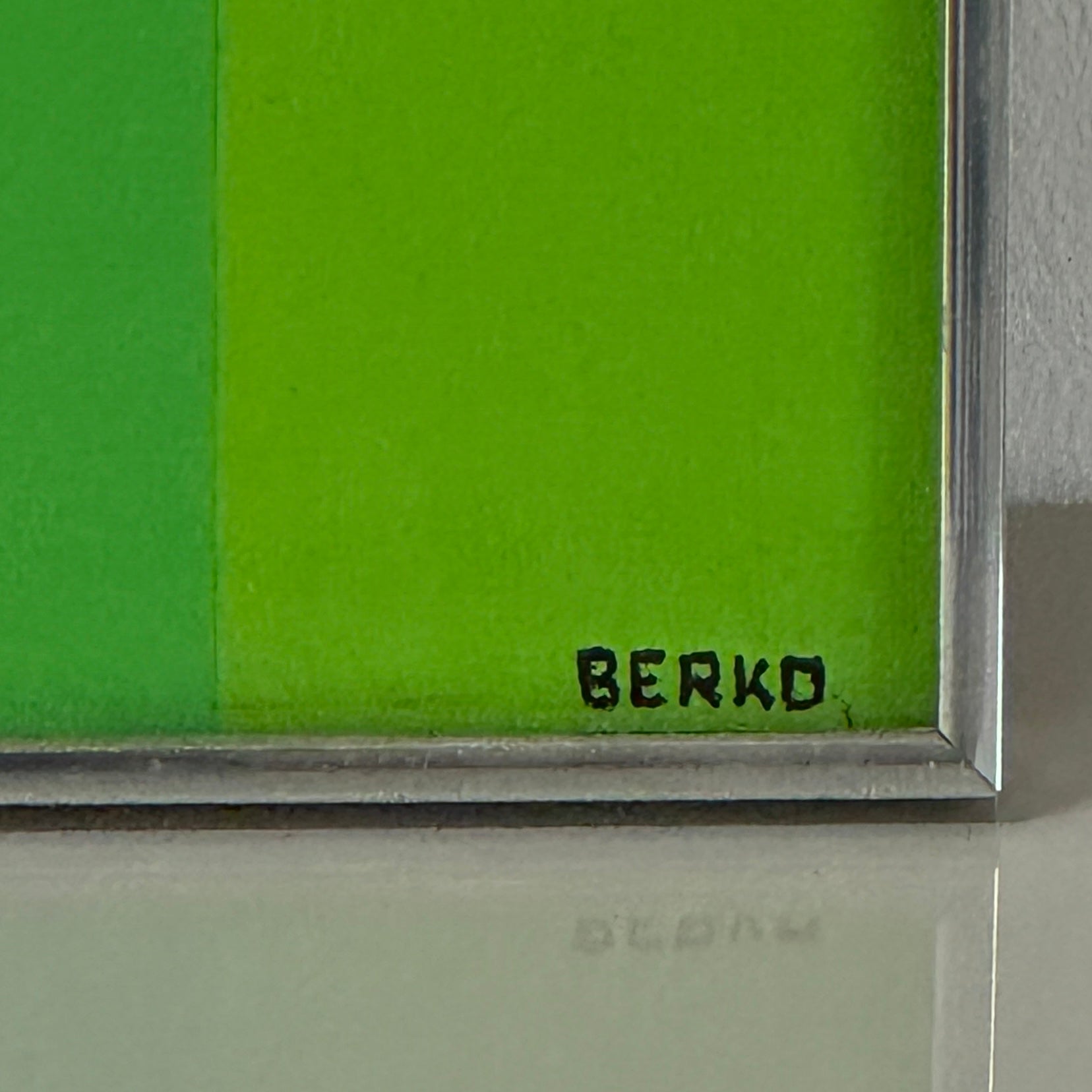 Painting: Green Target by Ralph Berko from Artist features concentric green circles over vertical green stripes, showcasing geometric hard-edge art reminiscent of a Green Target Painting.