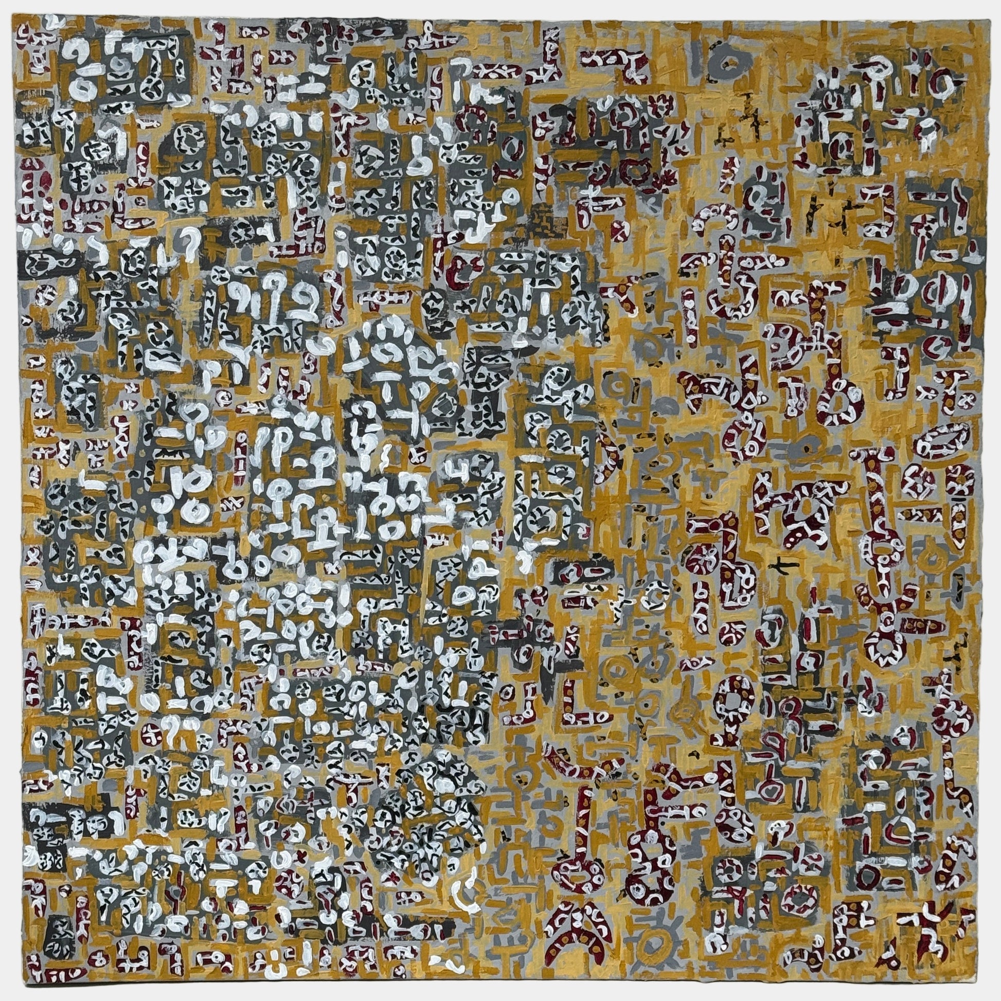 Painting: Untitled Abstract by Carlos Antonio from Artist features a textured yellow background with a grid of small, irregular white, gray, and maroon shapes—densely clustered left, sparser to the right.