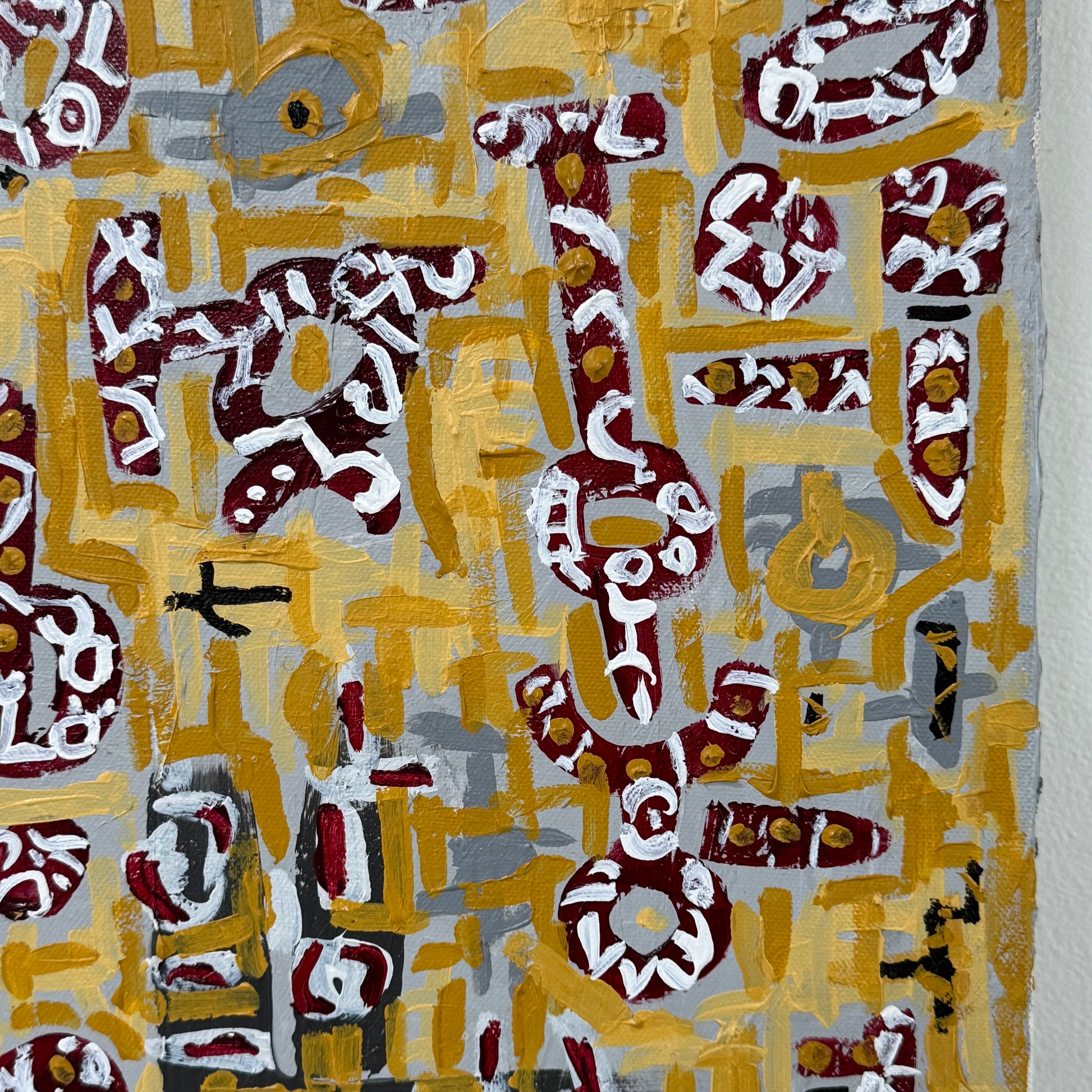 Painting: Untitled Abstract by Carlos Antonio from Artist features a textured yellow background with a grid of small, irregular white, gray, and maroon shapes—densely clustered left, sparser to the right.