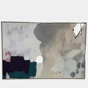 Painting: by Melissa Harrington from Artist showcases textured brushstrokes, a subtle human figure, blocks of dark green and black, with splashes of red and blue on a primarily white and beige background.