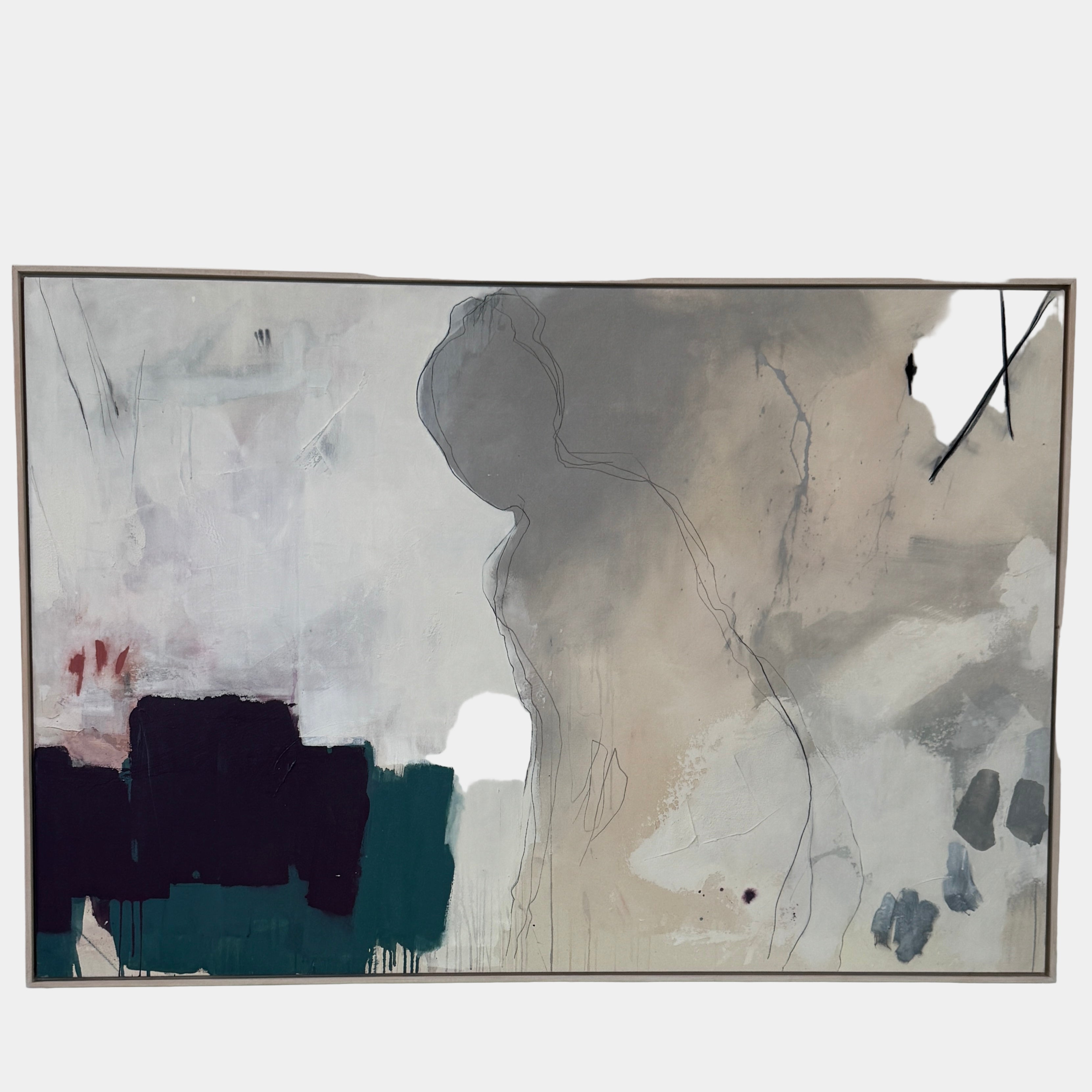 Painting: by Melissa Harrington from Artist showcases textured brushstrokes, a subtle human figure, blocks of dark green and black, with splashes of red and blue on a primarily white and beige background.