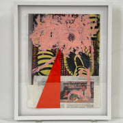 Allison Caesar collage mixed media number 1 by Modern Resale is a framed artwork from a series of 8, showcasing abstract pink and red paint layered over a patterned background, with a photograph of a person in a library and a partially visible newspaper clipping.
