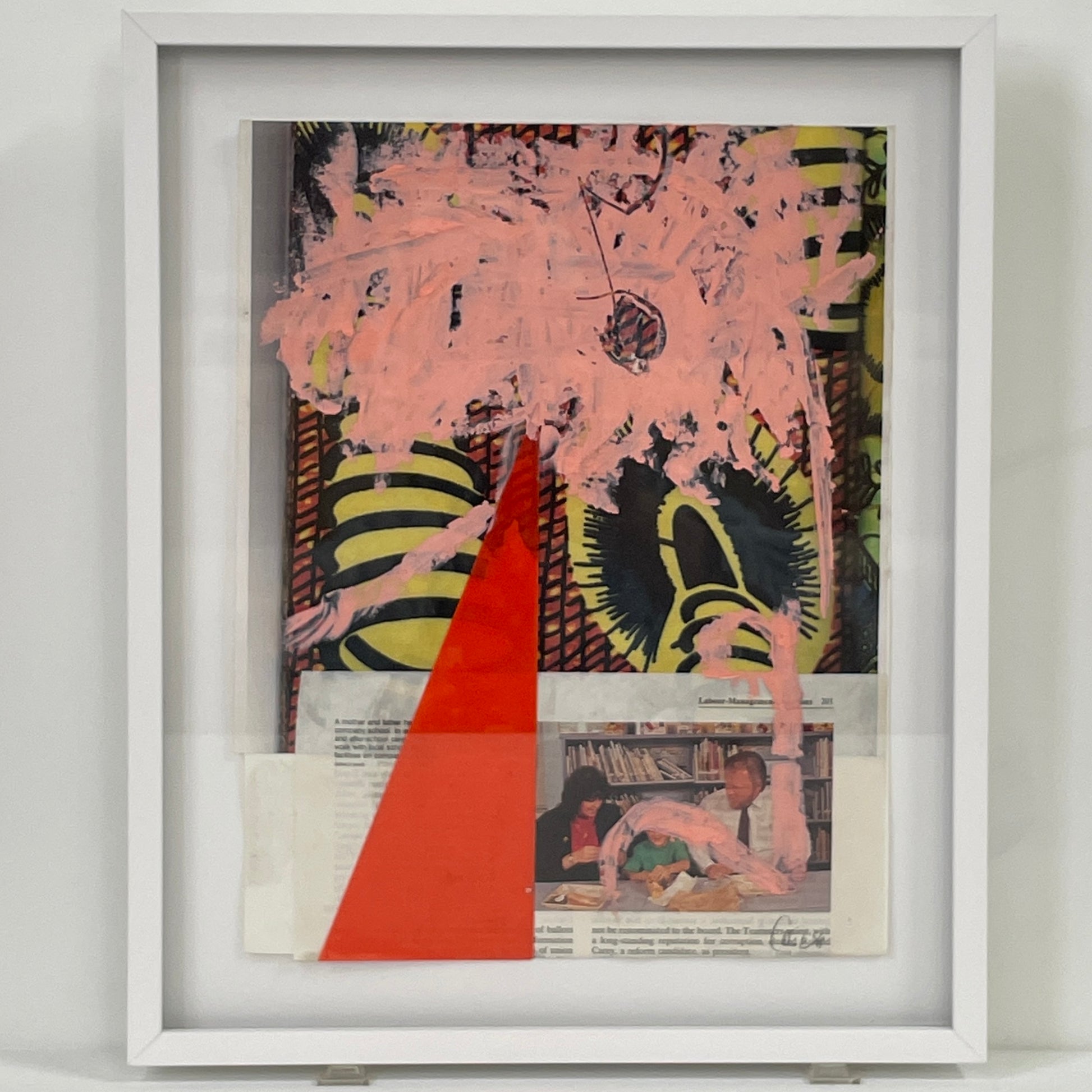 Allison Caesar collage mixed media number 1 by Modern Resale is a framed artwork from a series of 8, showcasing abstract pink and red paint layered over a patterned background, with a photograph of a person in a library and a partially visible newspaper clipping.