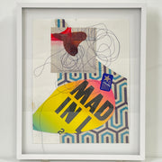 Allison Caesar Mixed Media Framed Collage Number 2 by Modern Resale showcases colorful geometric patterns, “MAD IN” text, layered shapes, and loose string for a striking abstract composition.