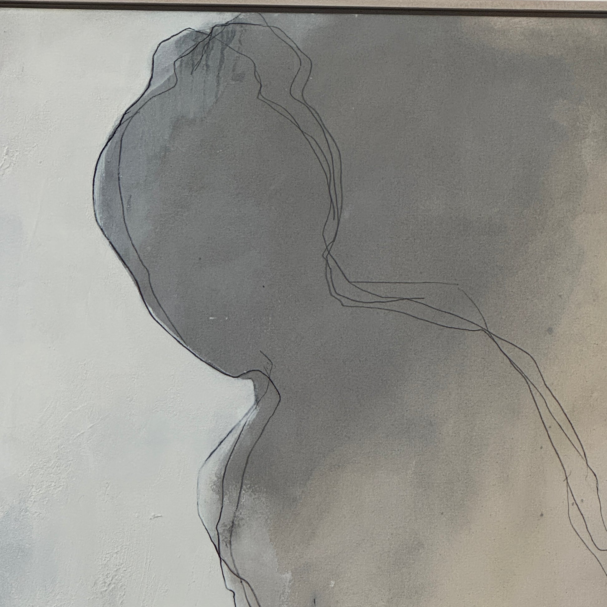 Painting: by Melissa Harrington from Artist showcases textured brushstrokes, a subtle human figure, blocks of dark green and black, with splashes of red and blue on a primarily white and beige background.