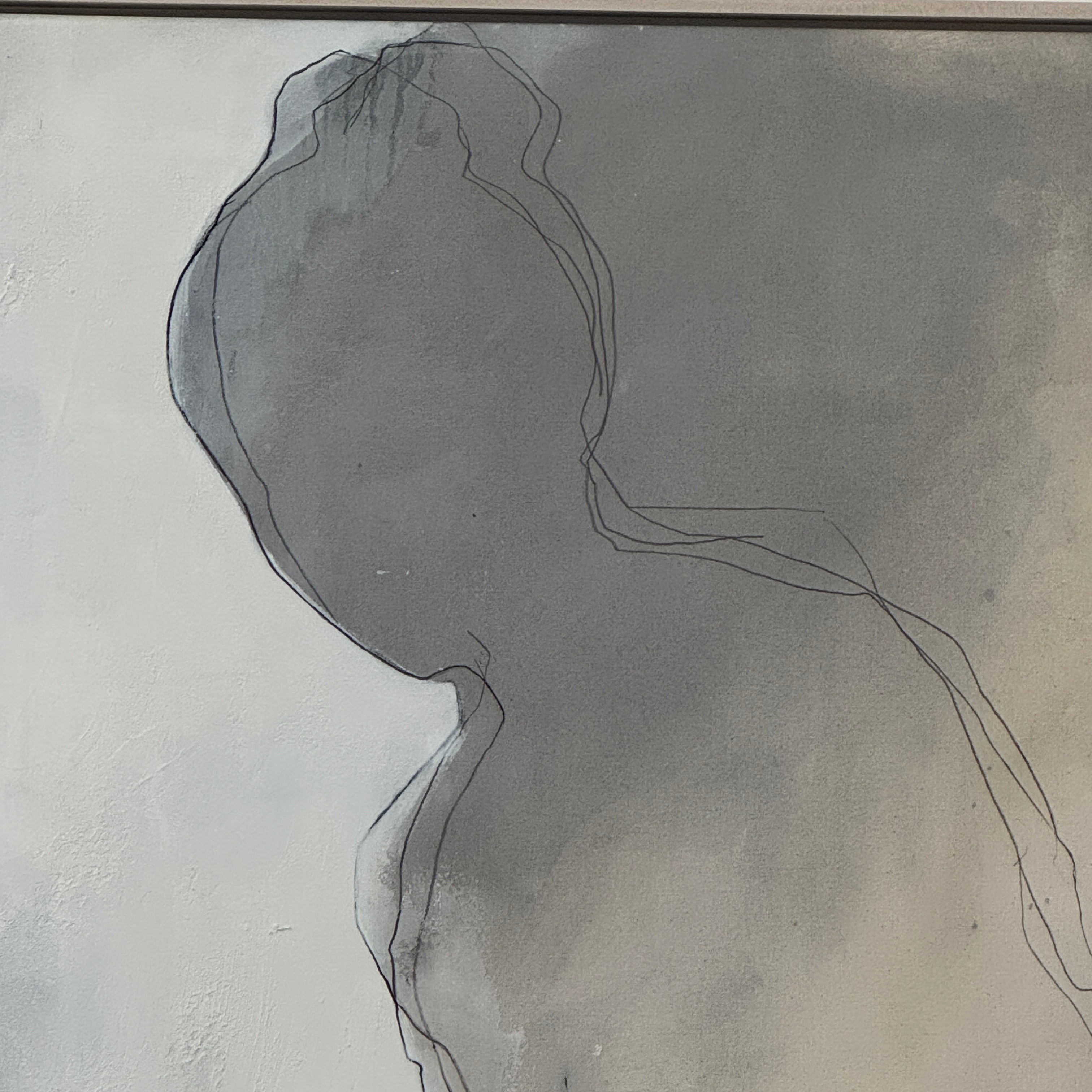 Painting: by Melissa Harrington from Artist showcases textured brushstrokes, a subtle human figure, blocks of dark green and black, with splashes of red and blue on a primarily white and beige background.