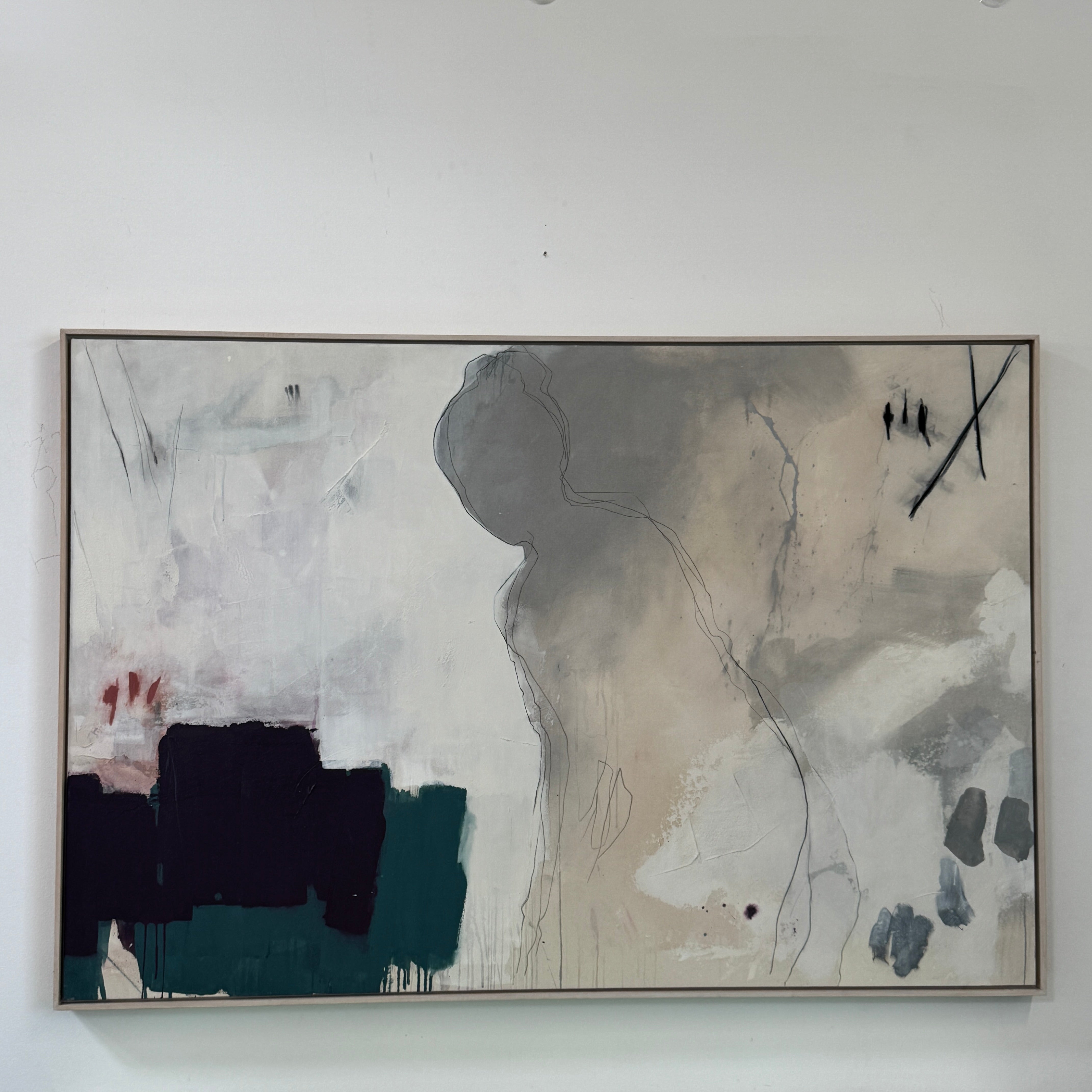 Painting: by Melissa Harrington from Artist showcases textured brushstrokes, a subtle human figure, blocks of dark green and black, with splashes of red and blue on a primarily white and beige background.