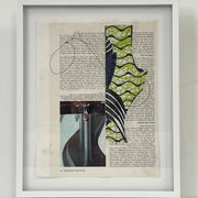 The Allison Caesar Mixed Media Framed Collage Number 3 by Modern Resale features a book page background, abstract green and black patterned cut-out, pencil lines, and a small upside-down photo of a man positioned at the bottom left.
