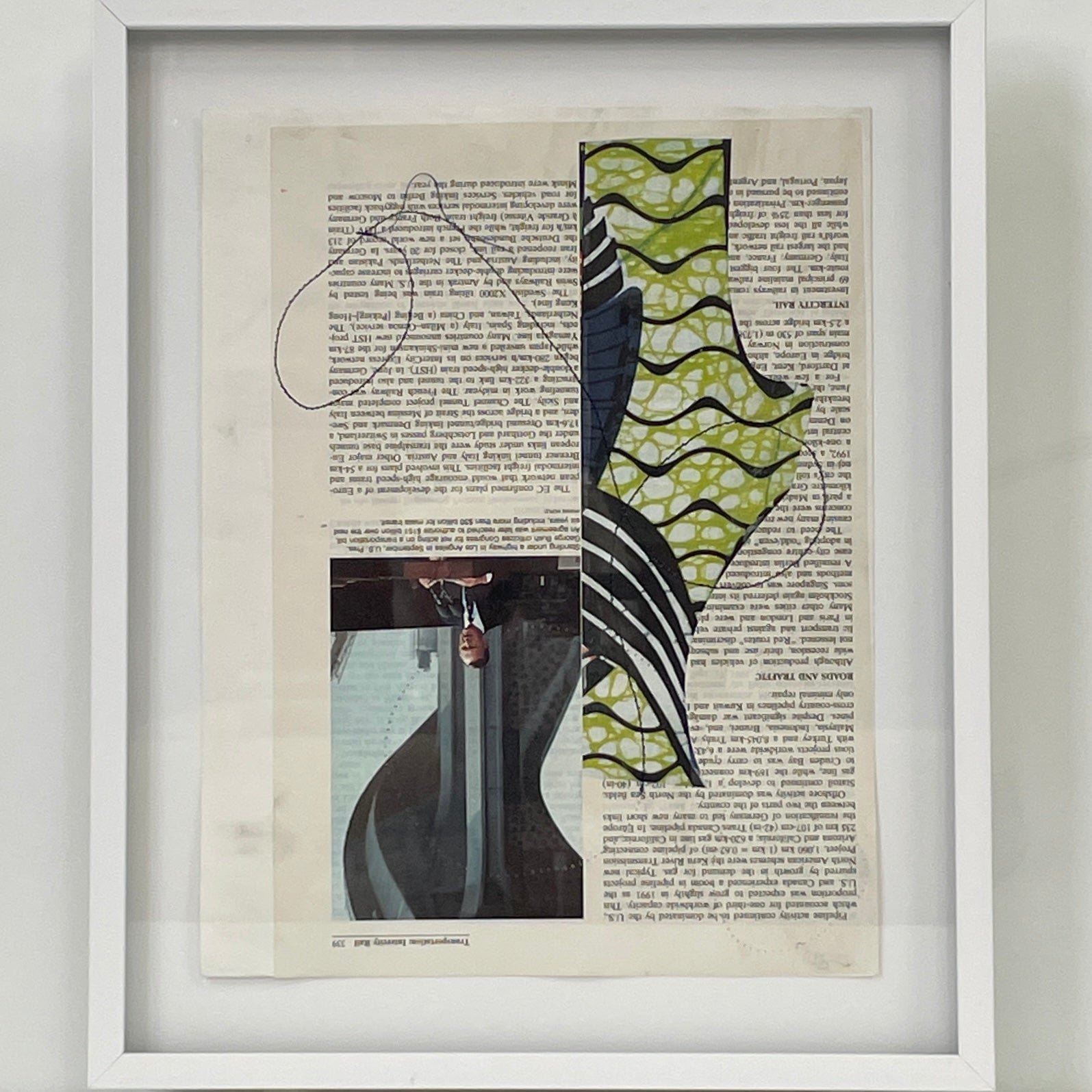 The Allison Caesar Mixed Media Framed Collage Number 3 by Modern Resale features a book page background, abstract green and black patterned cut-out, pencil lines, and a small upside-down photo of a man positioned at the bottom left.