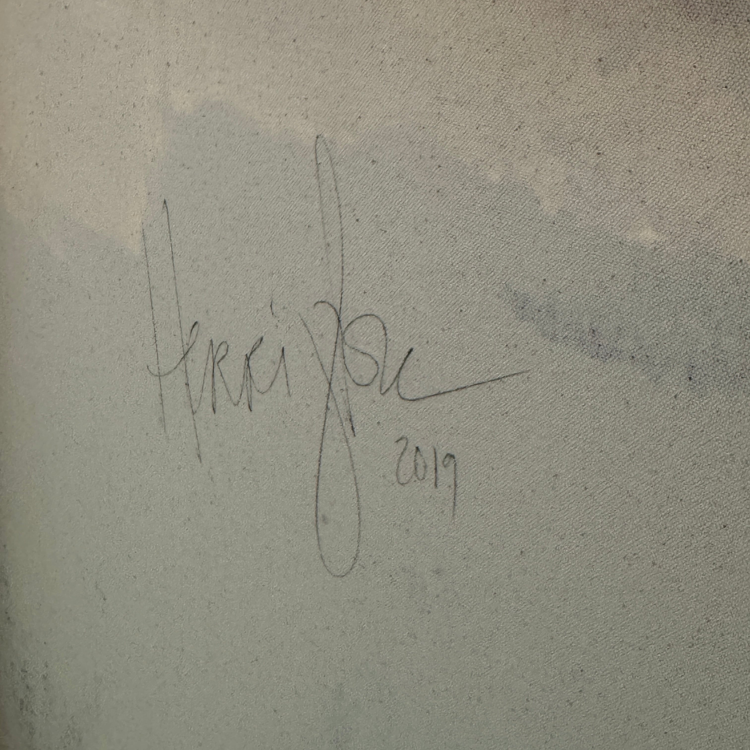 Painting: by Melissa Harrington from Artist showcases textured brushstrokes, a subtle human figure, blocks of dark green and black, with splashes of red and blue on a primarily white and beige background.