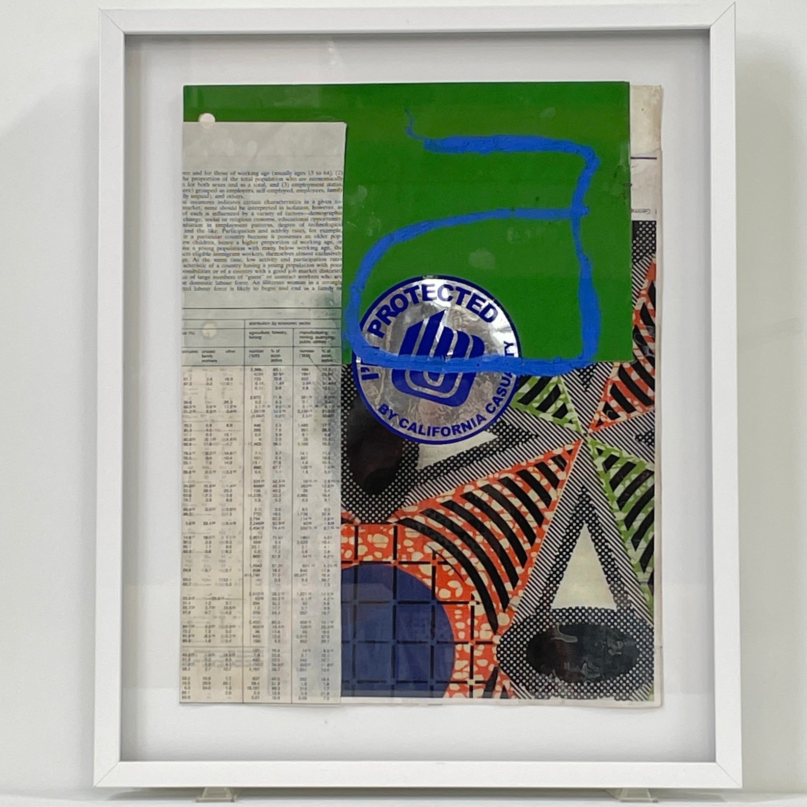 Allison Caesar Mixed Media Framed Collage Number 4 by Modern Resale features text, a green and blue painted section, geometric patterns, a table of numbers, and a "Protected by California" sticker.