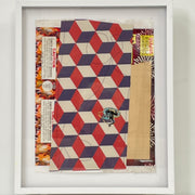 Allison Caesar Mixed Media Framed Collage Number 7 by Modern Resale features a geometric red, blue, and white pattern with overlaid warning labels, a small metal hook, and a fireworks-themed background.
