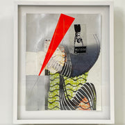 The Allison Caesar Mixed Media Framed Collage Number 6 by Modern Resale features abstract geometric lines, wavy green patterns, a striking red triangle, and a partial sneaker image with "HUGER" text—all displayed in a crisp white frame.