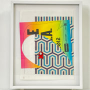 The Allison Caesar Mixed Media Framed Collage Number 8 by Modern Resale features geometric blue patterns, a yellow-pink gradient section, black lettering, and a red "XO" symbol layered on a white background.