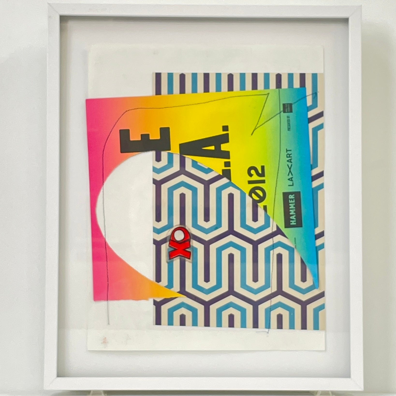 The Allison Caesar Mixed Media Framed Collage Number 8 by Modern Resale features geometric blue patterns, a yellow-pink gradient section, black lettering, and a red "XO" symbol layered on a white background.