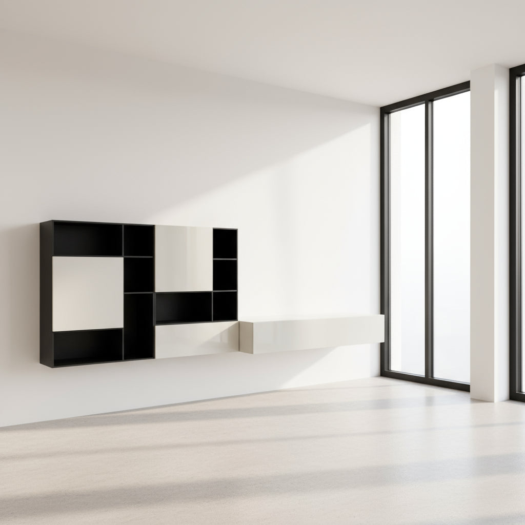 The Lema Selecta Wall Hanging Unit by Lema features black and white open and closed compartments, paired with a low rectangular white storage bench on the right.