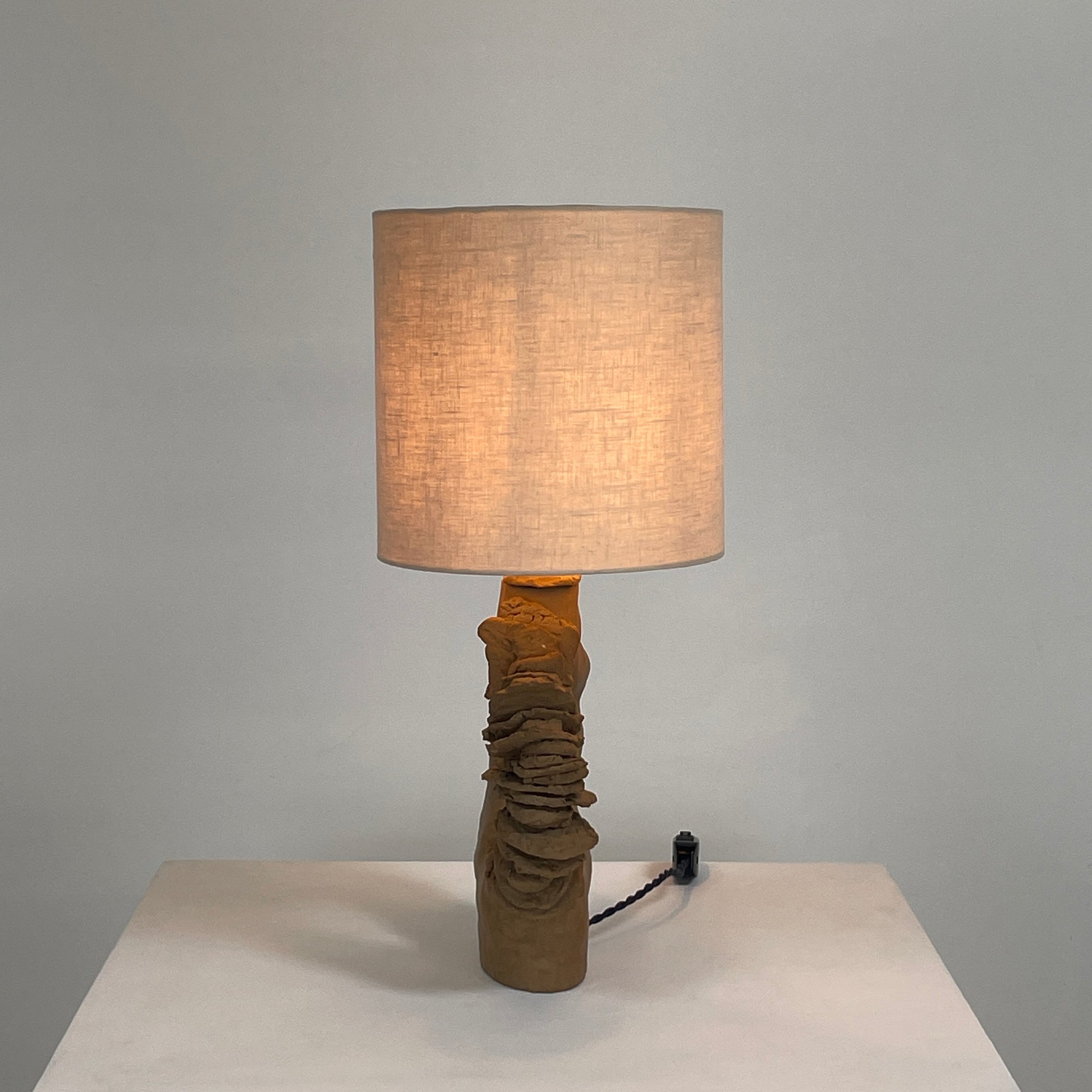 The Sofi Ceramic Arch Lamp by Sofi Ceramics is a distinctively designed table lamp with a twisting sculptural base and a cylindrical shade. Its hand-built ceramic elements softly illuminate against plain backgrounds.