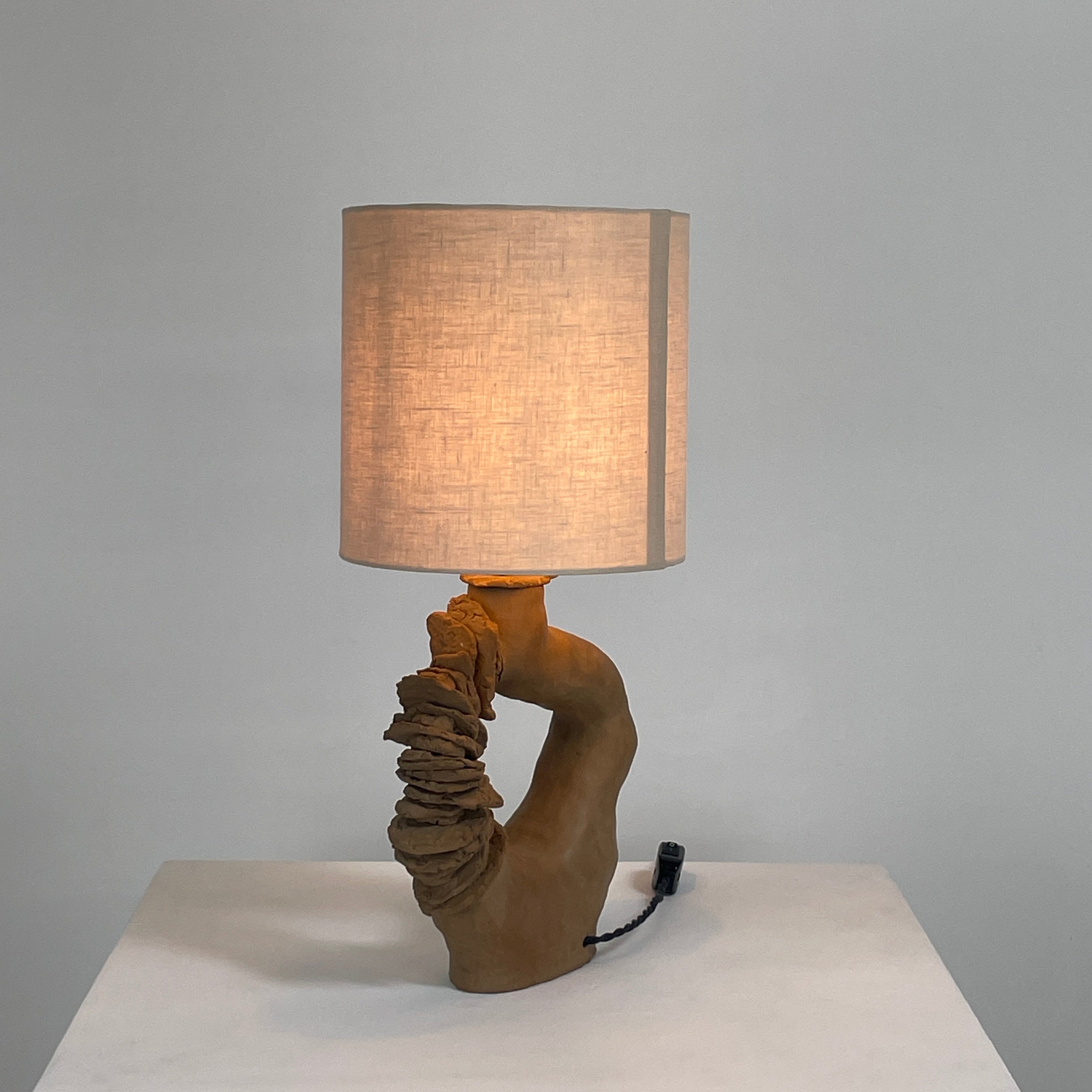 The Sofi Ceramic Arch Lamp by Sofi Ceramics is a distinctively designed table lamp with a twisting sculptural base and a cylindrical shade. Its hand-built ceramic elements softly illuminate against plain backgrounds.