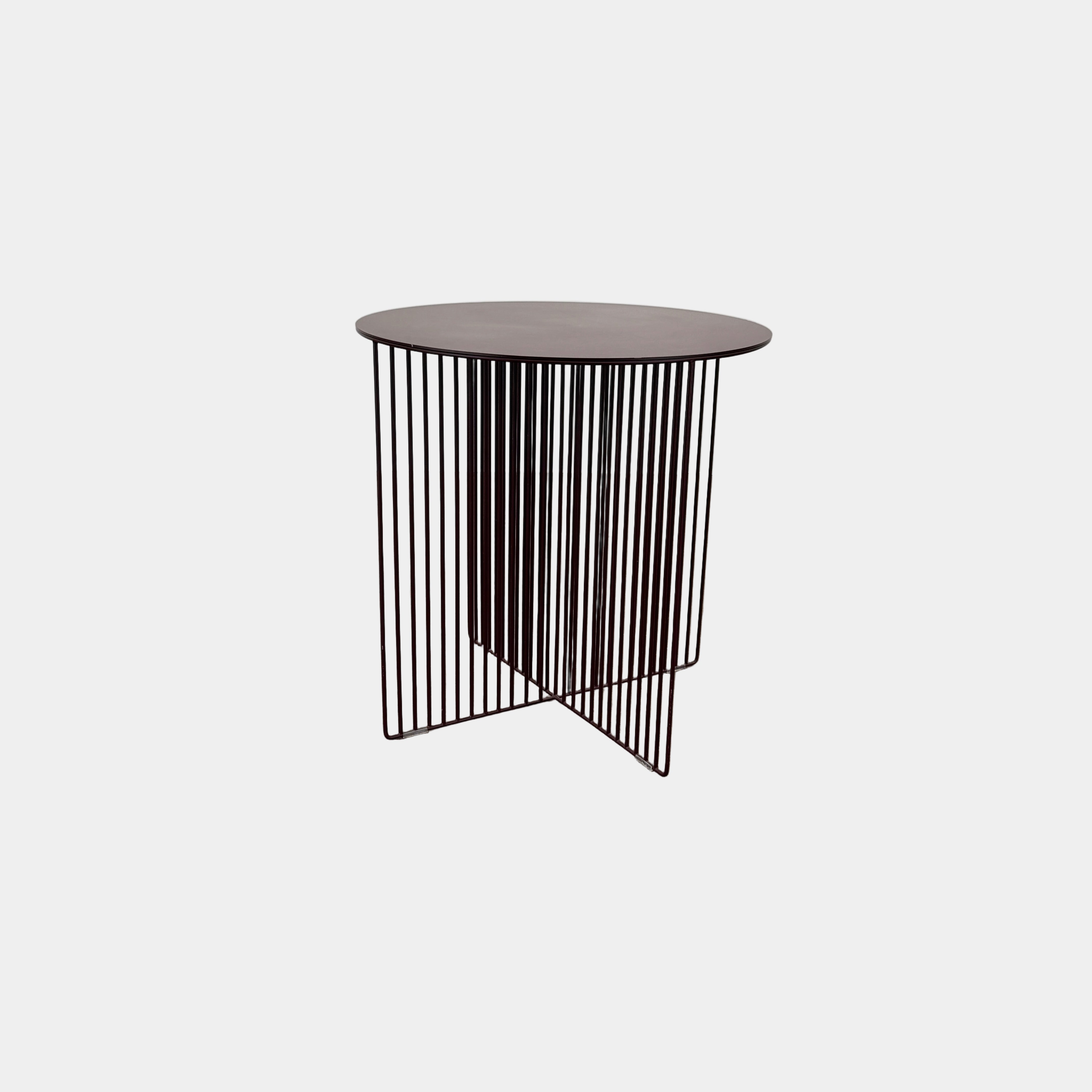 The LaCividina Accursio Occasional Table by La Cividina showcases a sleek dark top and geometric base of vertical metal rods, making it ideal for contemporary spaces.