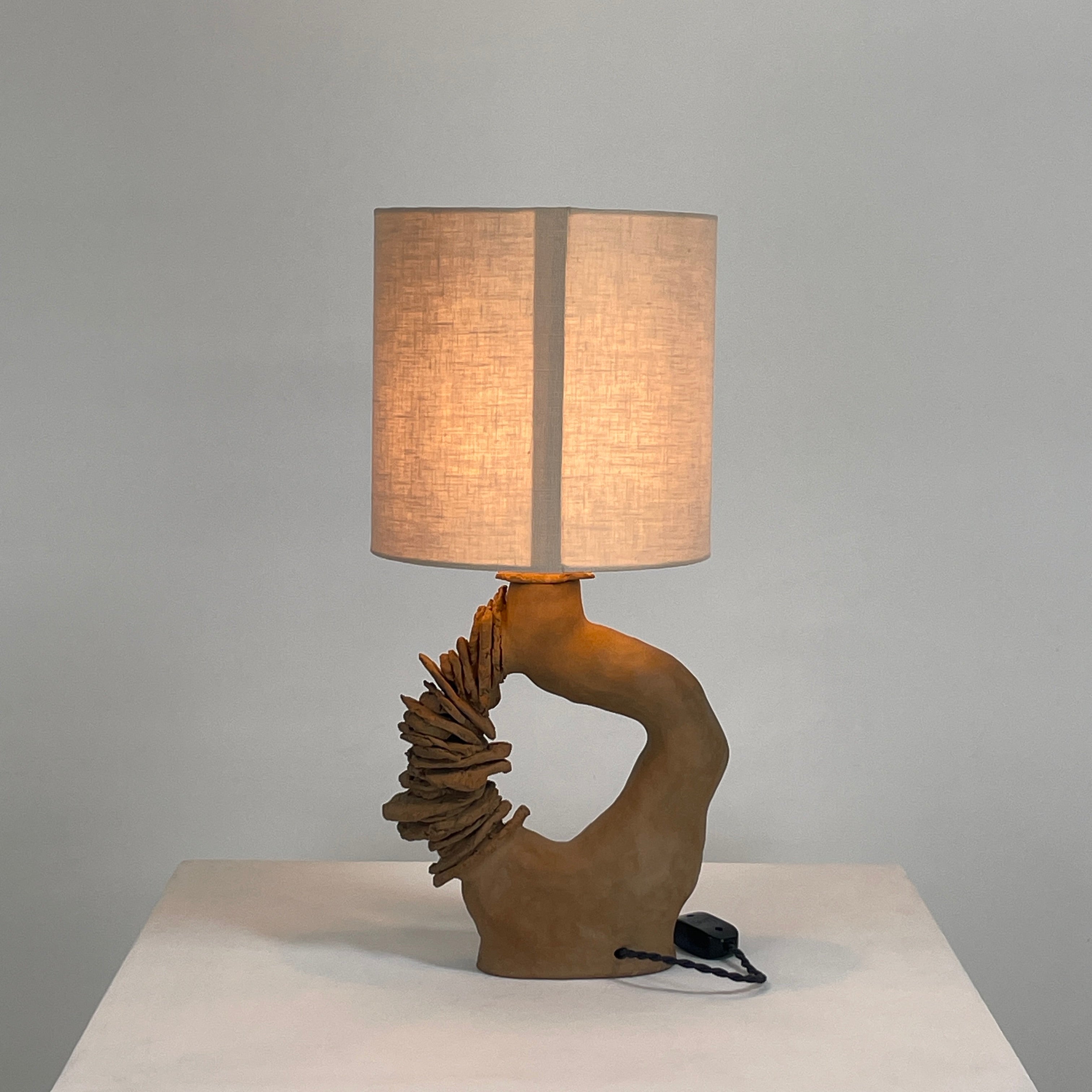 The Sofi Ceramic Arch Lamp by Sofi Ceramics is a distinctively designed table lamp with a twisting sculptural base and a cylindrical shade. Its hand-built ceramic elements softly illuminate against plain backgrounds.
