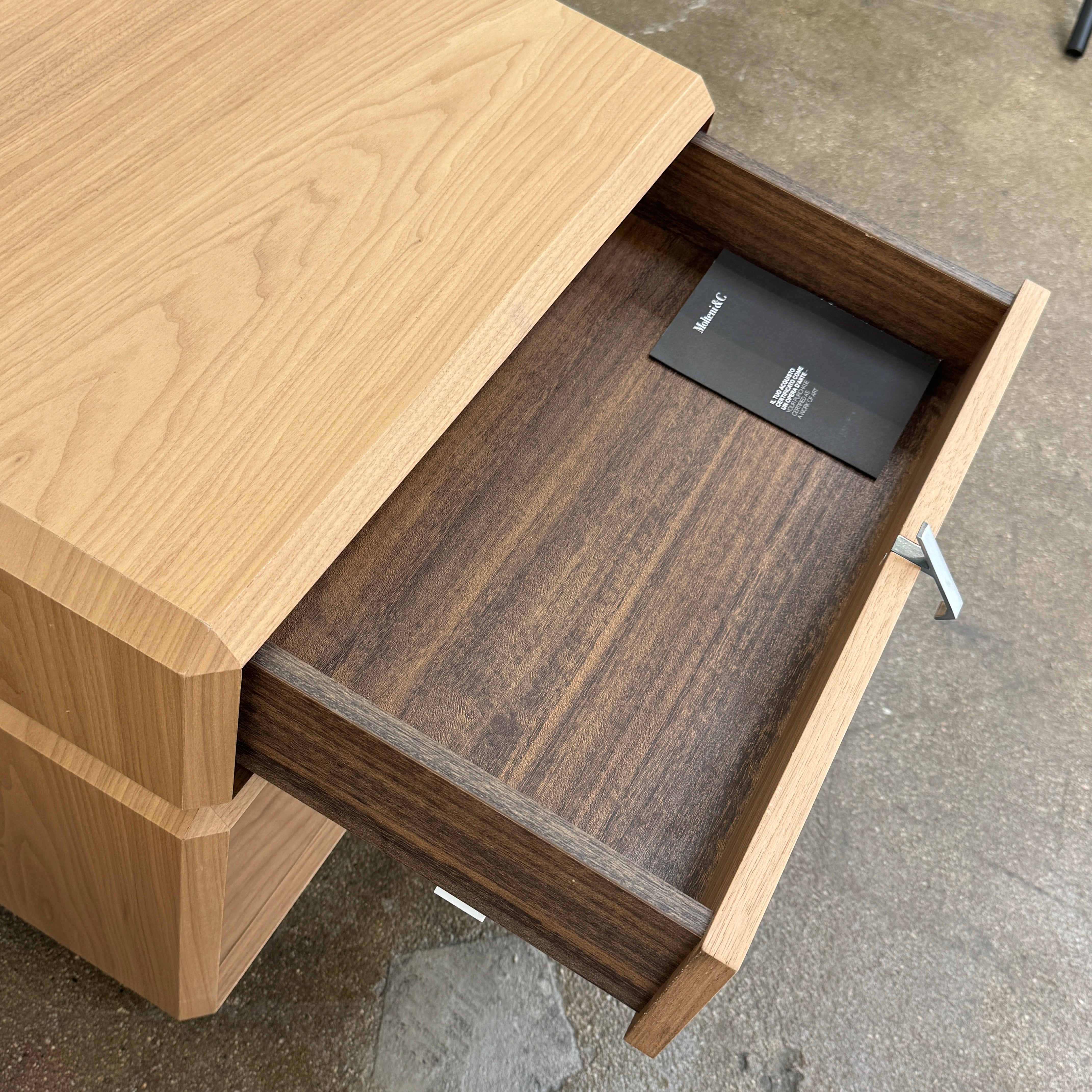 The Molteni & C Teorema Nightstands Set of 2 features modern walnut design with open shelves, a single upper drawer with a sleek metal handle—an elegant bedroom furniture choice from Molteni & C.