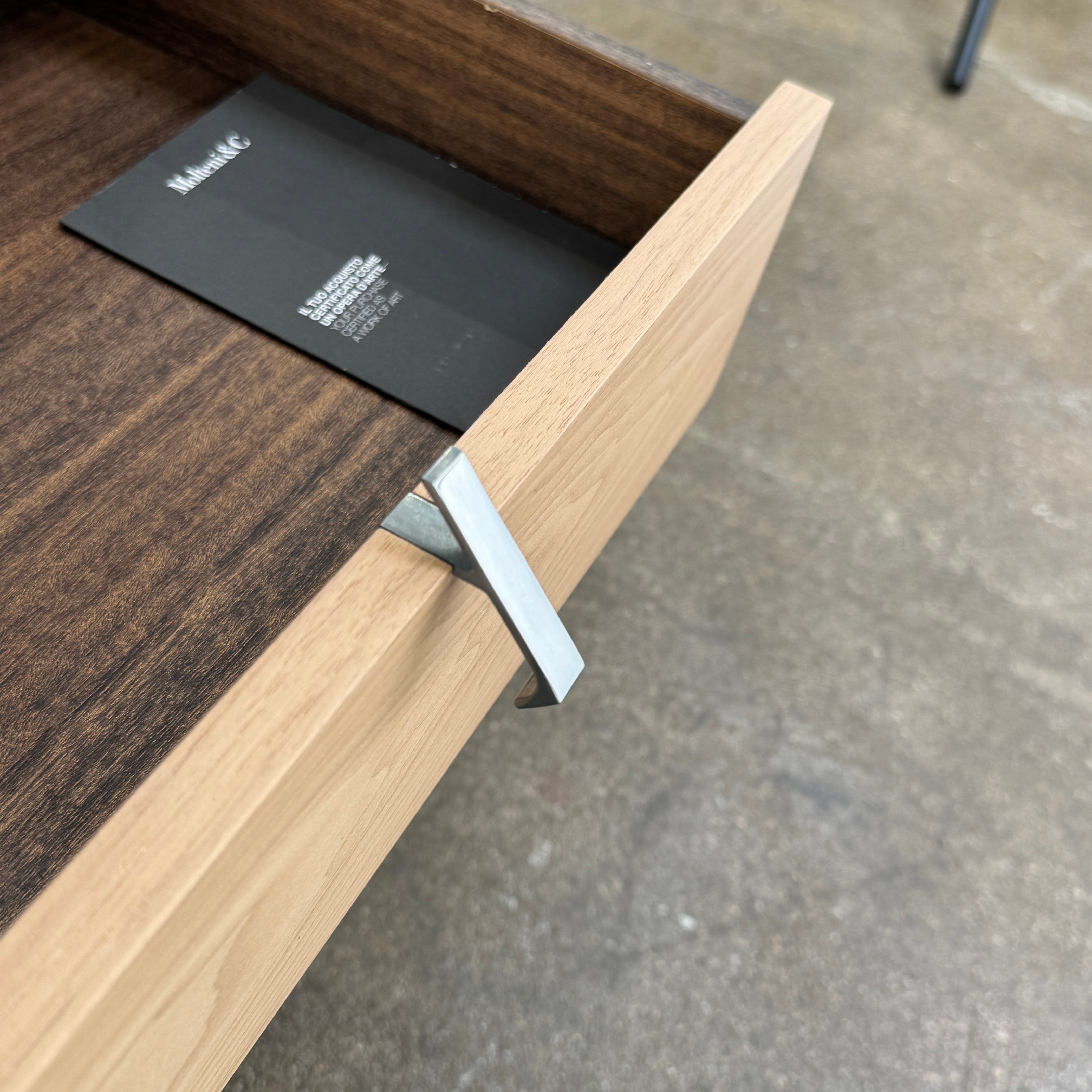 The Molteni & C Teorema Nightstands Set of 2 features modern walnut design with open shelves, a single upper drawer with a sleek metal handle—an elegant bedroom furniture choice from Molteni & C.