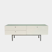 The Cassina 255-256 Flat Sideboard in glossy white lacquer features two left drawers, a spacious right compartment, and four metal legs, all by Cassina, shown against a plain background.