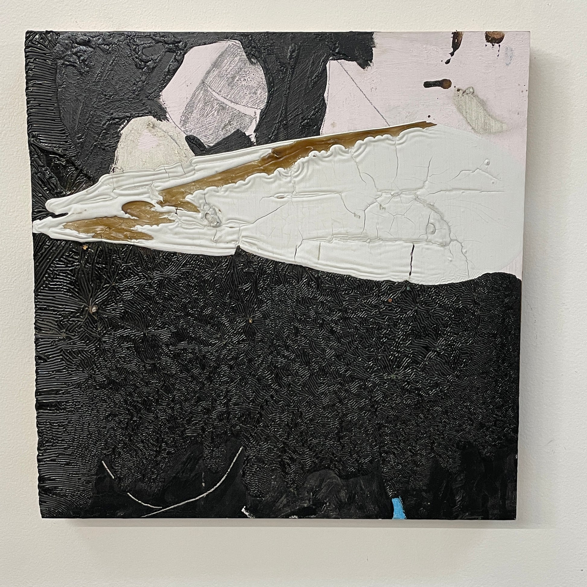 The Diptych, "Jose Is Talking To The Neighbor" by Artist, features abstract paintings with a striking interplay of black, white, and gray. The left canvas has angular shapes contrasted by more rounded forms on the right, set against a plain white background.