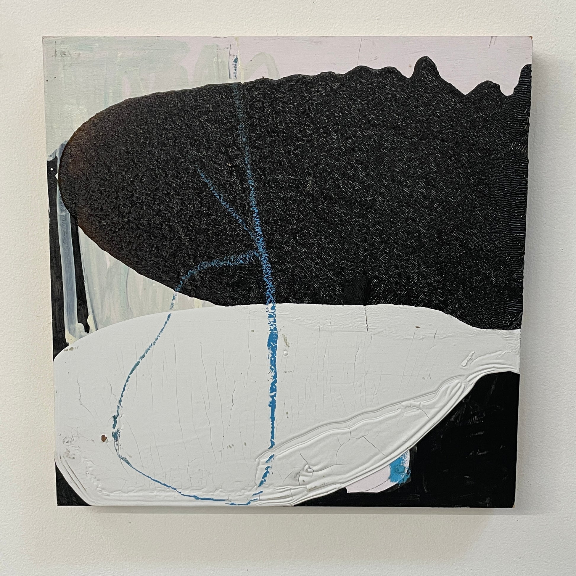 The Diptych, "Jose Is Talking To The Neighbor" by Artist, features abstract paintings with a striking interplay of black, white, and gray. The left canvas has angular shapes contrasted by more rounded forms on the right, set against a plain white background.