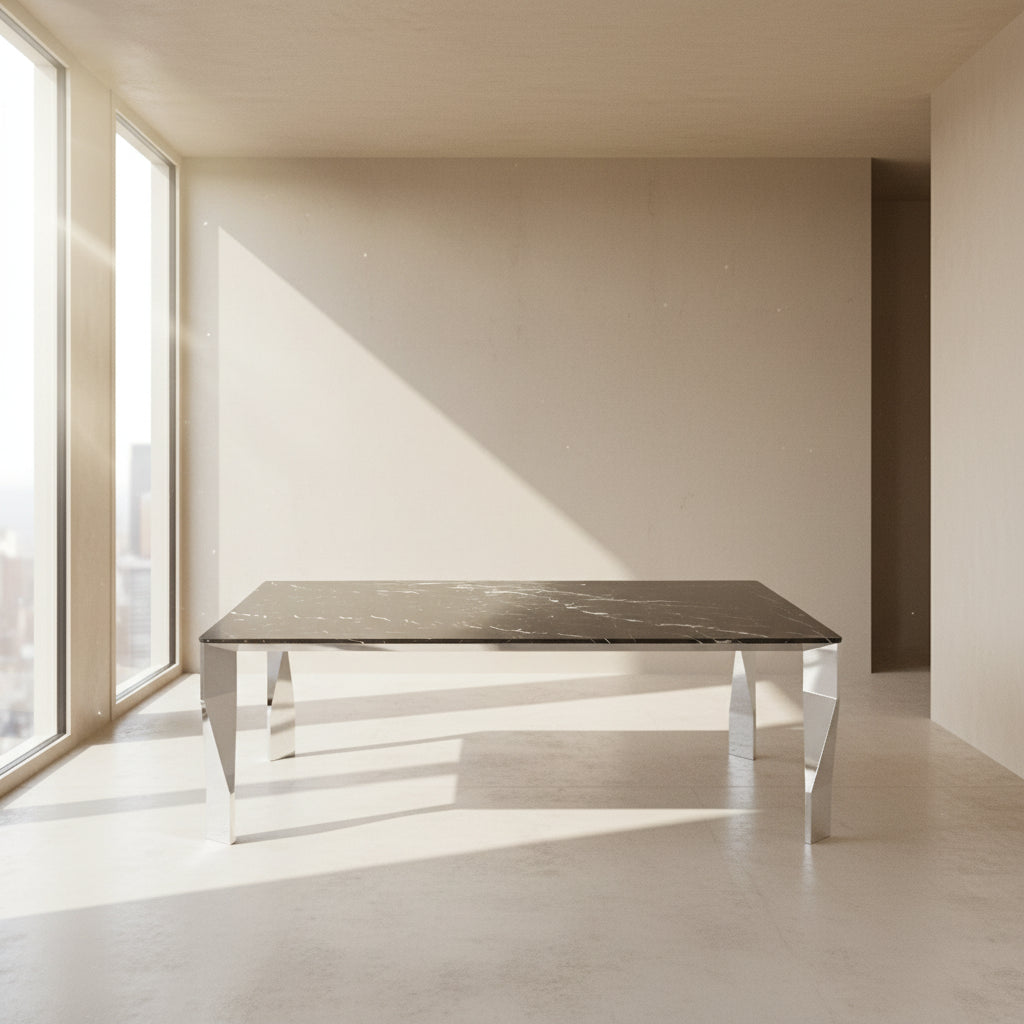 The Molteni & C Diamond table features a rectangular black marble top and angled polished metal legs, set on a brown concrete floor against a plain white wall. This piece by Molteni & C adds sophisticated elegance to any space.