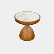 The Jonathan Adler Buenos Aires Side Table features a small round marble top and a sturdy wooden base, shown against a plain white background.