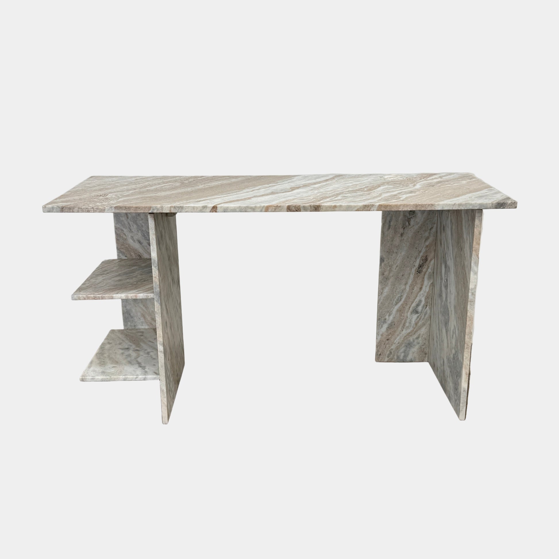 The CB2 Hera Torrento Brown Marble Desk with Shelves features two side panels and two open left corner shelves, showcasing a light gray and beige pattern inspired by Torrento brown marble.