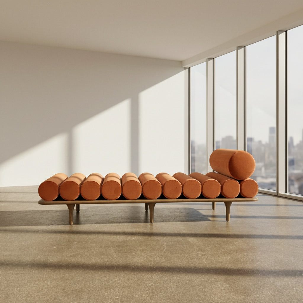 The Tacchini Five to Nine Day Bed by Tacchini features orange cylindrical cushions on a wooden frame—an ideal modern piece for an artist studio, shown here against a plain white background.