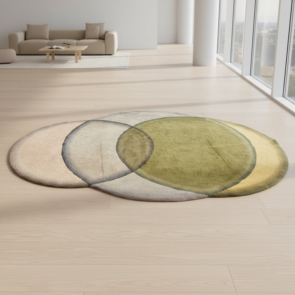 The Gan Crystal Rug by Gan, designed by Charlotte Lancelot, displays three overlapping circles in yellow, green, and beige set against a deep brown background.