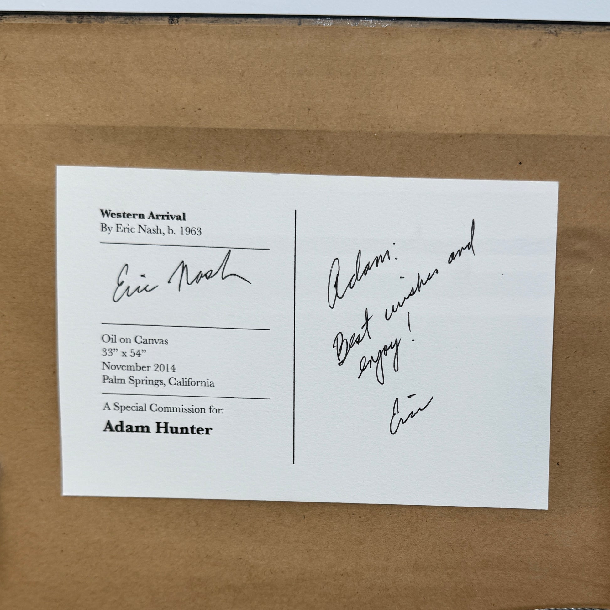 Inspired by "Painting: Western Arrival by Eric Nash" from Artist, this artwork shows a cityscape at dusk or dawn with a grid of lights and an orange glow on the horizon beneath a dark sky.