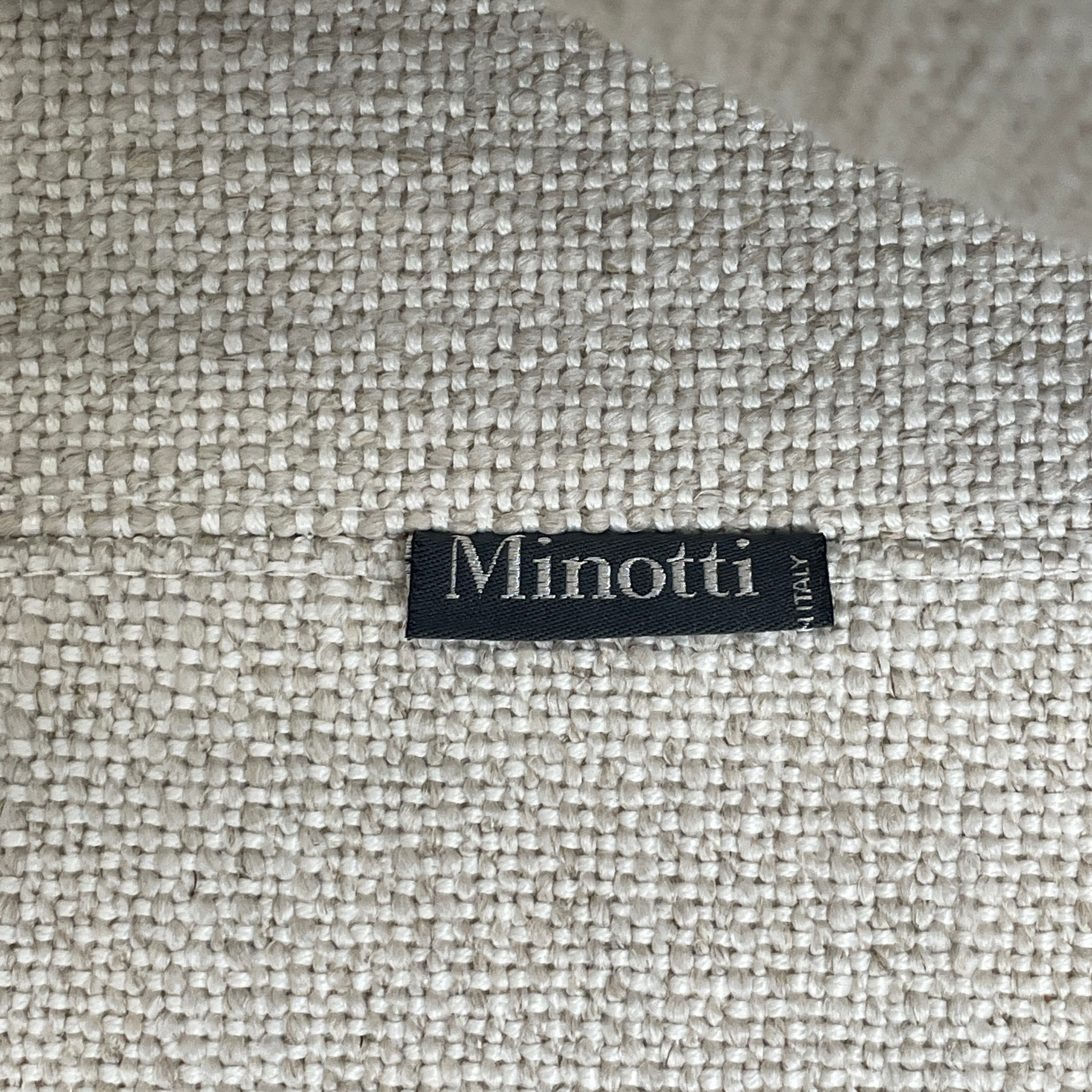 The Minotti Leonard 3 Piece Sectional by Minotti features an L-shaped beige design with three seat sections, multiple back and side cushions, and a right-side chaise lounge—ideal for an elegant living space—shown on a plain white background.