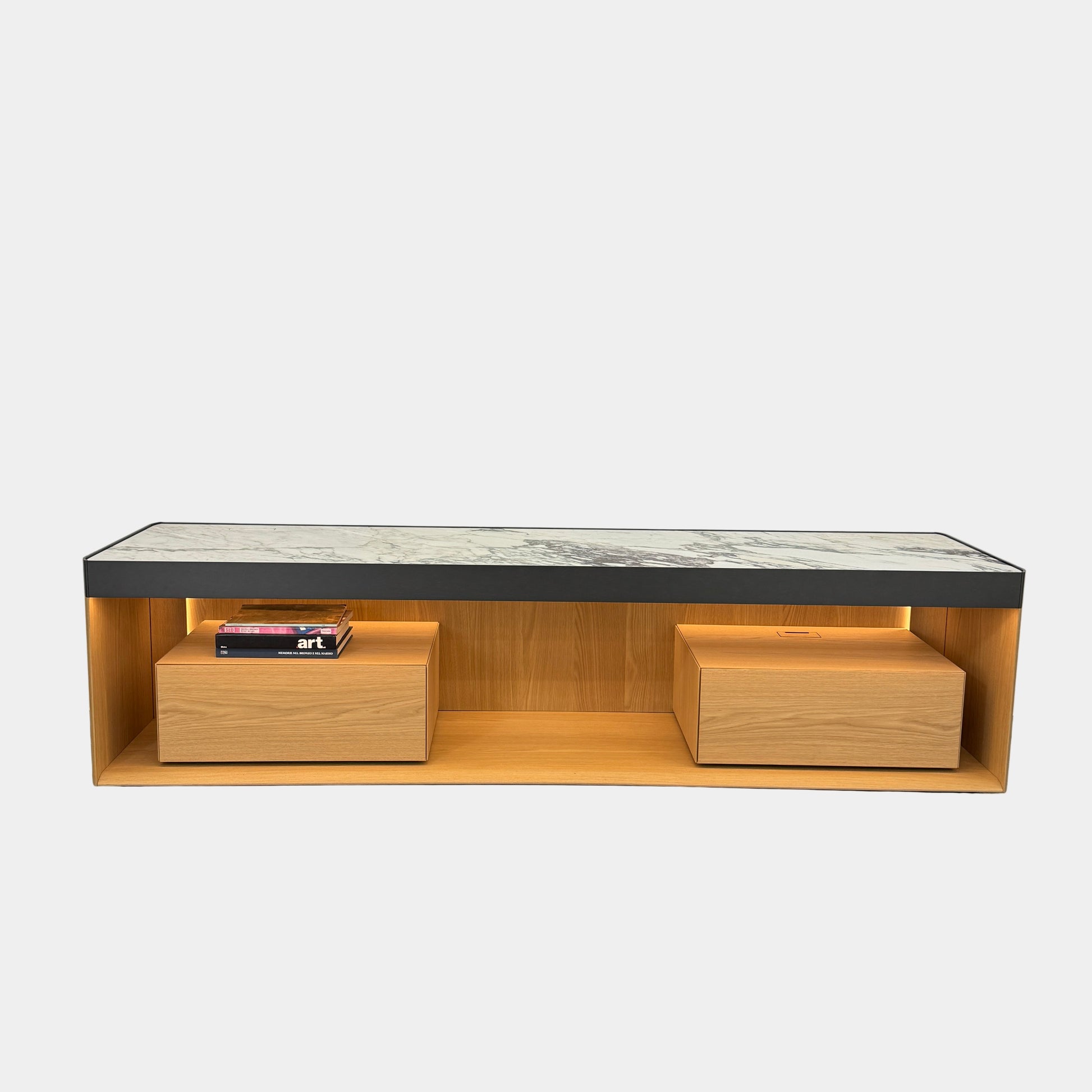 Enhance your home with the Molteni & C Living Box Console—a modern wooden piece with a marble top, two drawers, and open storage for books. Inspired by luxury furniture from Molteni & C, it works as both a coffee table and designer console.