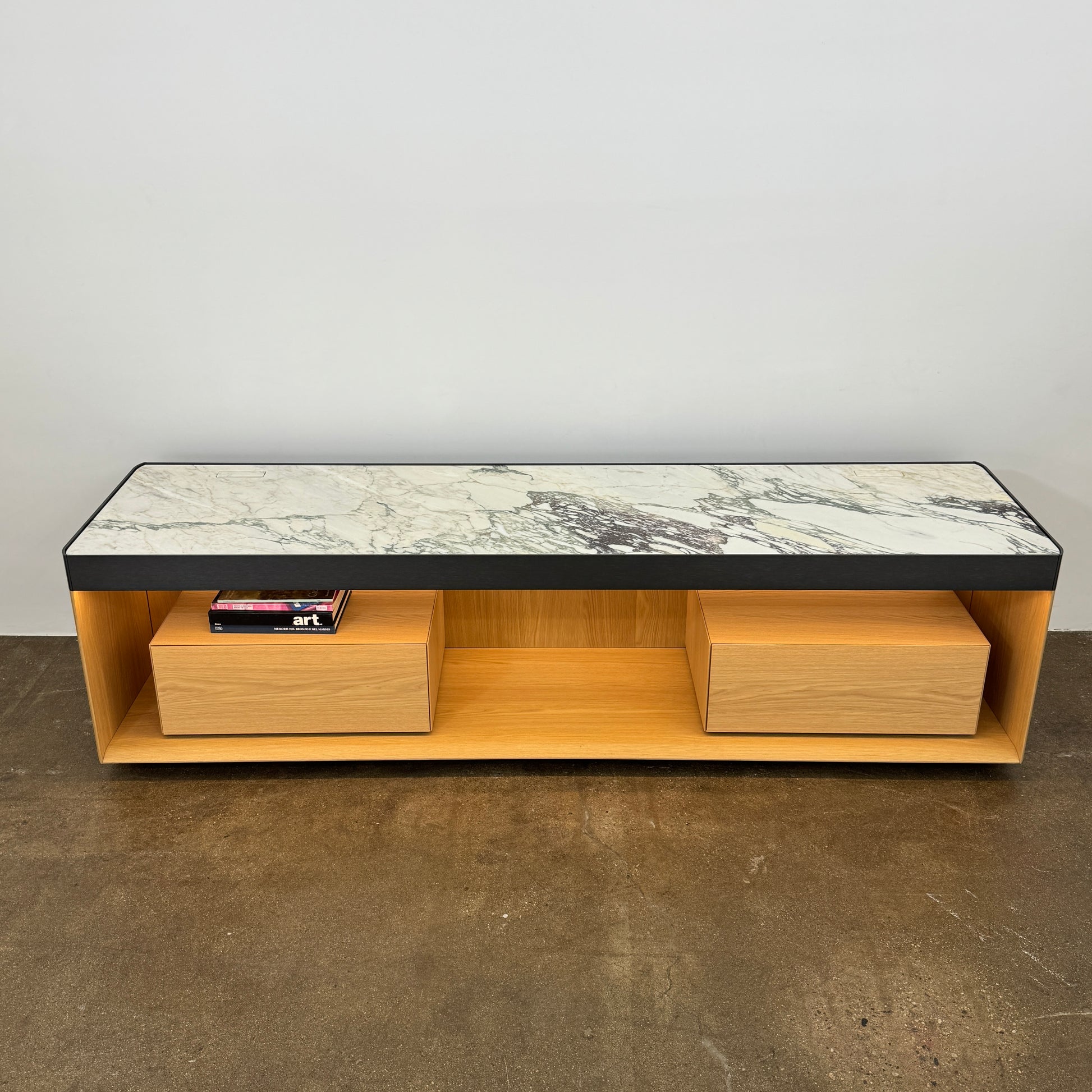 Enhance your home with the Molteni & C Living Box Console—a modern wooden piece with a marble top, two drawers, and open storage for books. Inspired by luxury furniture from Molteni & C, it works as both a coffee table and designer console.