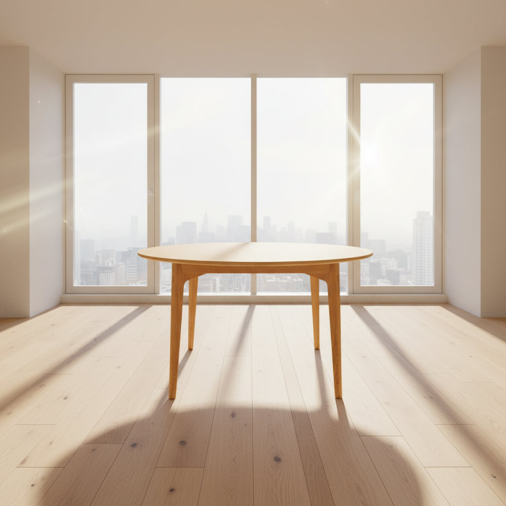 A Case Dulwich Extension Table, round and wooden with four legs, stands on a concrete floor against a plain white wall.