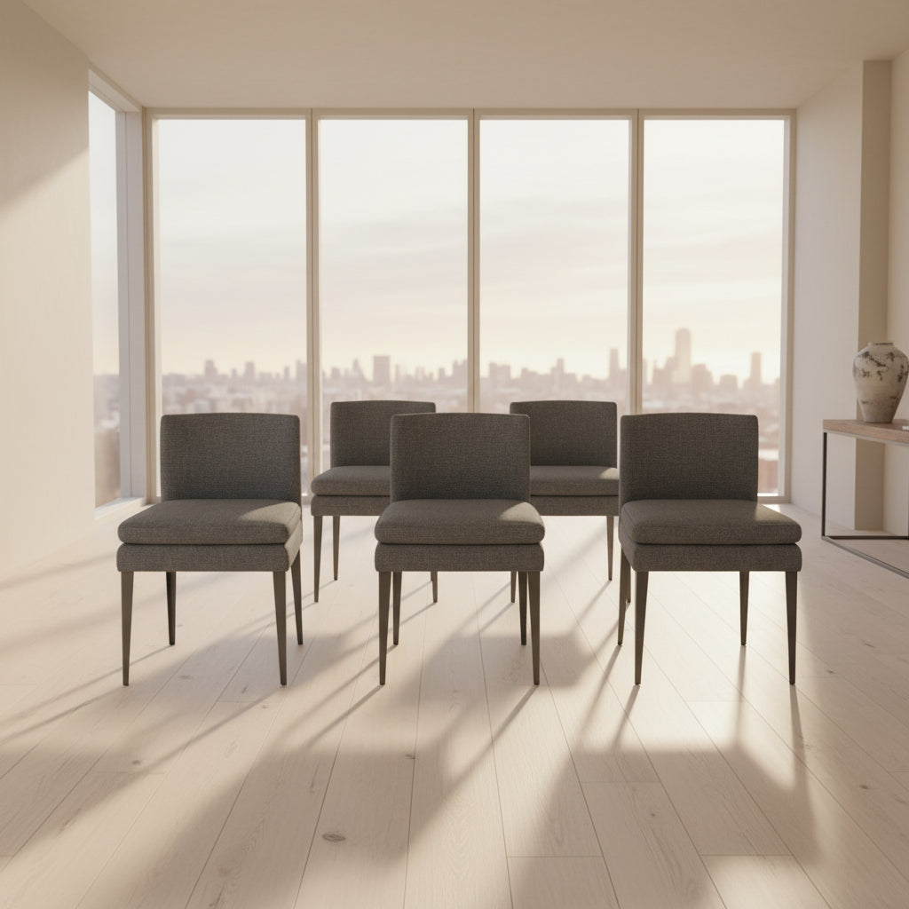 Set of 6 Maxalto Dining Eunice Chairs by Maxalto, featuring gray upholstery and sleek metal legs, arranged in two rows against a plain white background.