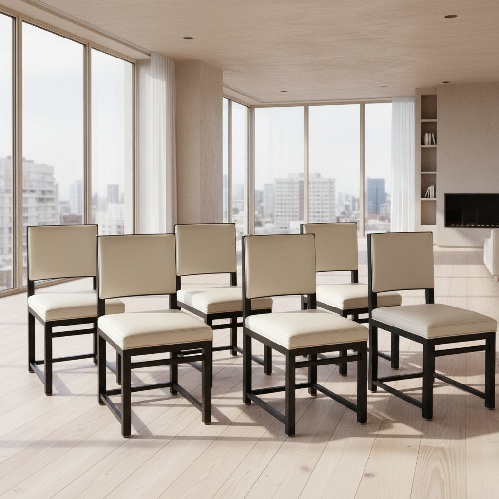 A Maxalto Teti Dining Chair from a set of 6, featuring a black frame with white upholstered seat and backrest, stands on a brown concrete floor against a plain light gray wall.
